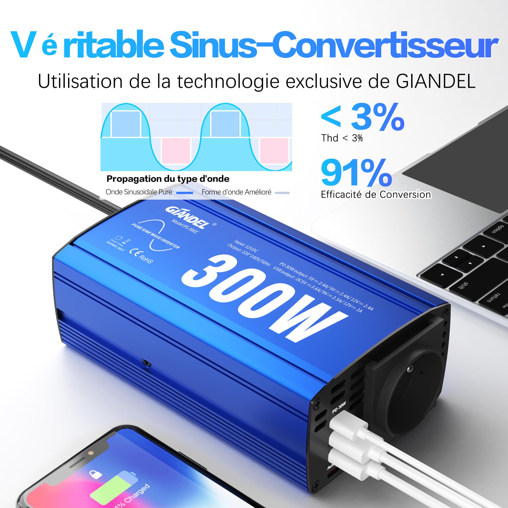 300W Pur Sinus Convertisseur 12V 220V 230V Onduleur à Onde Sinusoïdale Pure Adaptateur de Voiture avec PD30W Type-C & QC 3.0 Type-A USB pour Tablettes Portables Smartphones GIANDEL