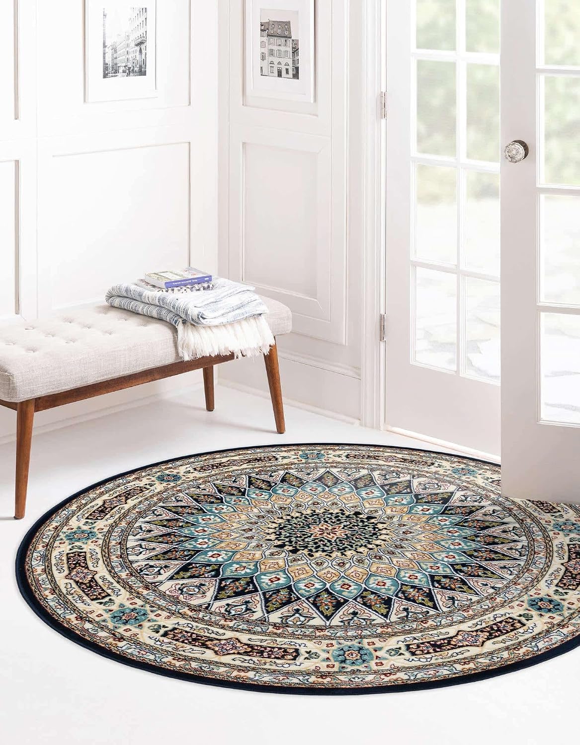 Rugs.com Rabia Collection Rug – 7' Round Navy Blue Low Rug Perfect for Kitchens, Dining Rooms