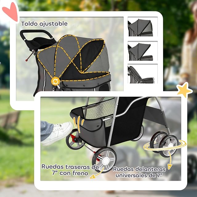 Foto 6 de 8 de PawHut Carrito de Perros Gatos Plegable hasta 10kg 77x44x102cm Gris Oscuro