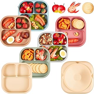 6 Packs Suction Plates for Baby and Toddler Silicone Divided Baby Plates Toddler Plates Baby Suction Plate Kids Plates Divided Baby Feeding Supplies, Microwave and Dishwasher Safe with 4 Suction Cups