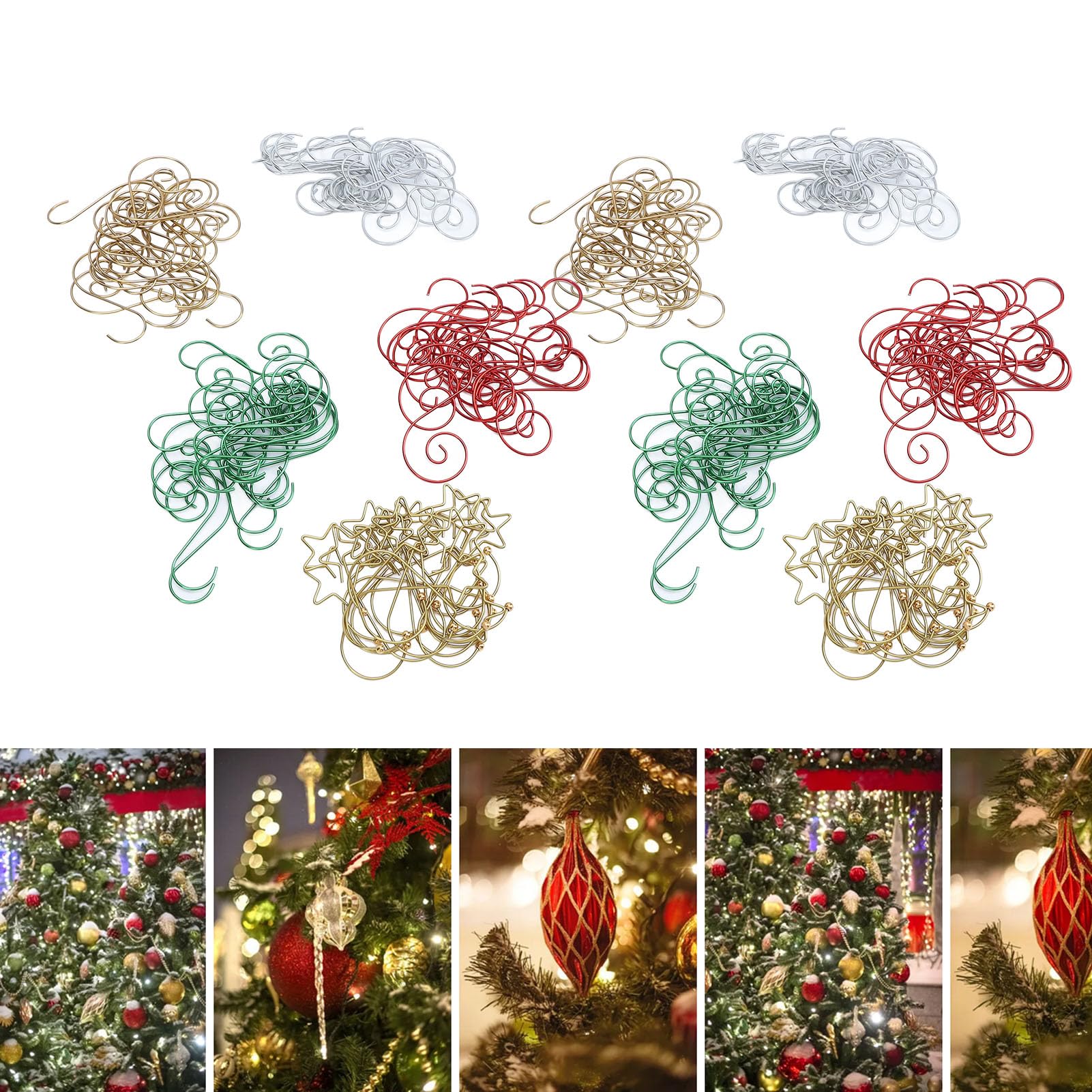 Tissting 100 Pcs Ornament Hooks, Christmas Ornament Hangers, Gold Green Red Iron Wire Decorative Xmas Decoration Hooks for Lanterns Jewelry Lamps Xmas Decoration S Hooks (2)