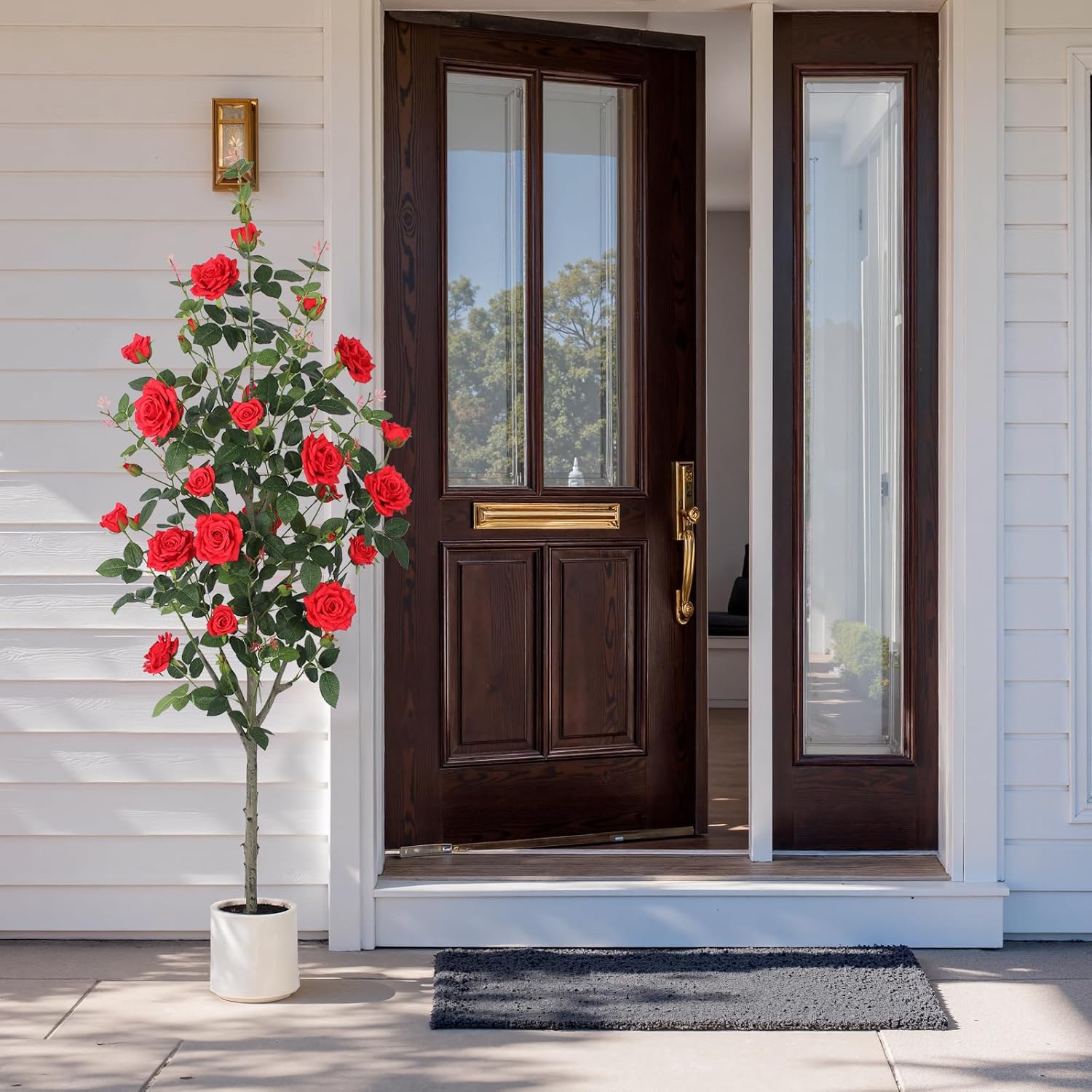 2 pcs Pack Artificial Rose Tree - 63 inch Rose Plant with Decorative White Planter,336 Leaves and 36 Blooming Outdoor Fake Flower Trees,Faux Plants for Indoor Home Front Door Decor