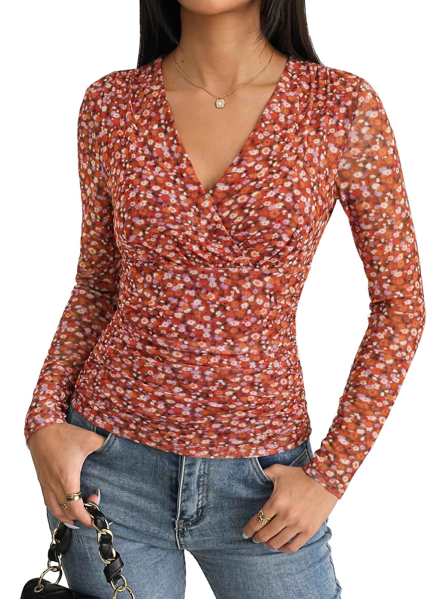 GRACE KARIN Womens Boho Mesh Tops Long Sleeve Blouses Dressy Casual Wrap V Neck Floral Tops, Ruched Waist, 2026 Fall Fashion Clothes, Elegant Going Out Tops