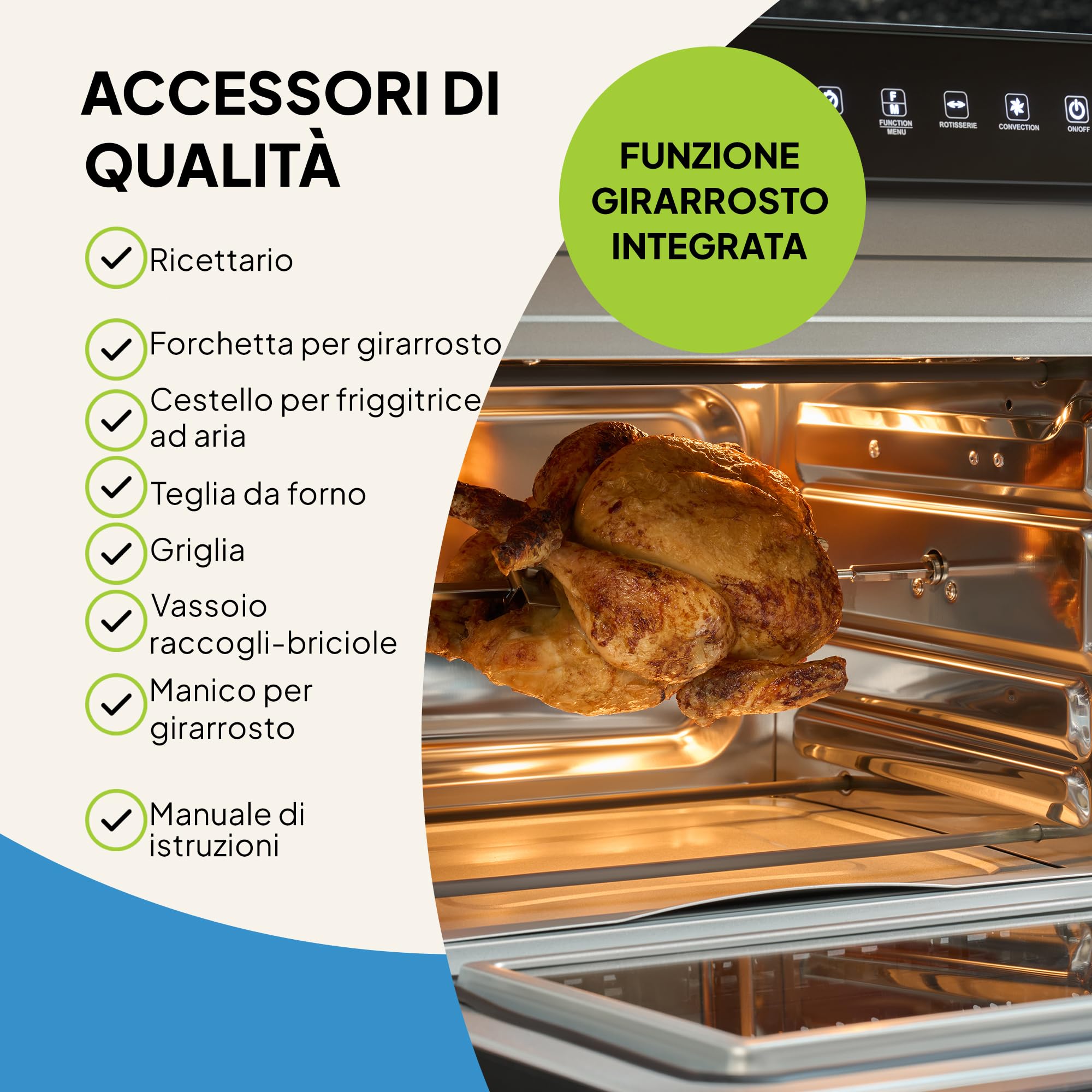 Fridja F77 Super Oven Pro 30L Forno friggitrice ad aria digitale LED premium con 18 programmi intelligenti, funzione girarrosto, potente, veloce, versatile, interno in acciaio inox, facile da pulire.
