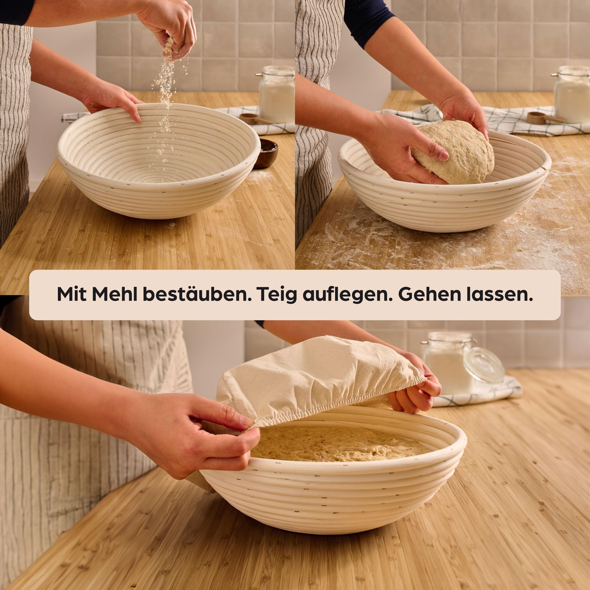 Praknu Gärkorb zum Brotbacken - Aus nachhaltigem Rattan - Rund - Set inkl. Bürste, Leineneinlage & Brotbeutel - Geruchsneutral