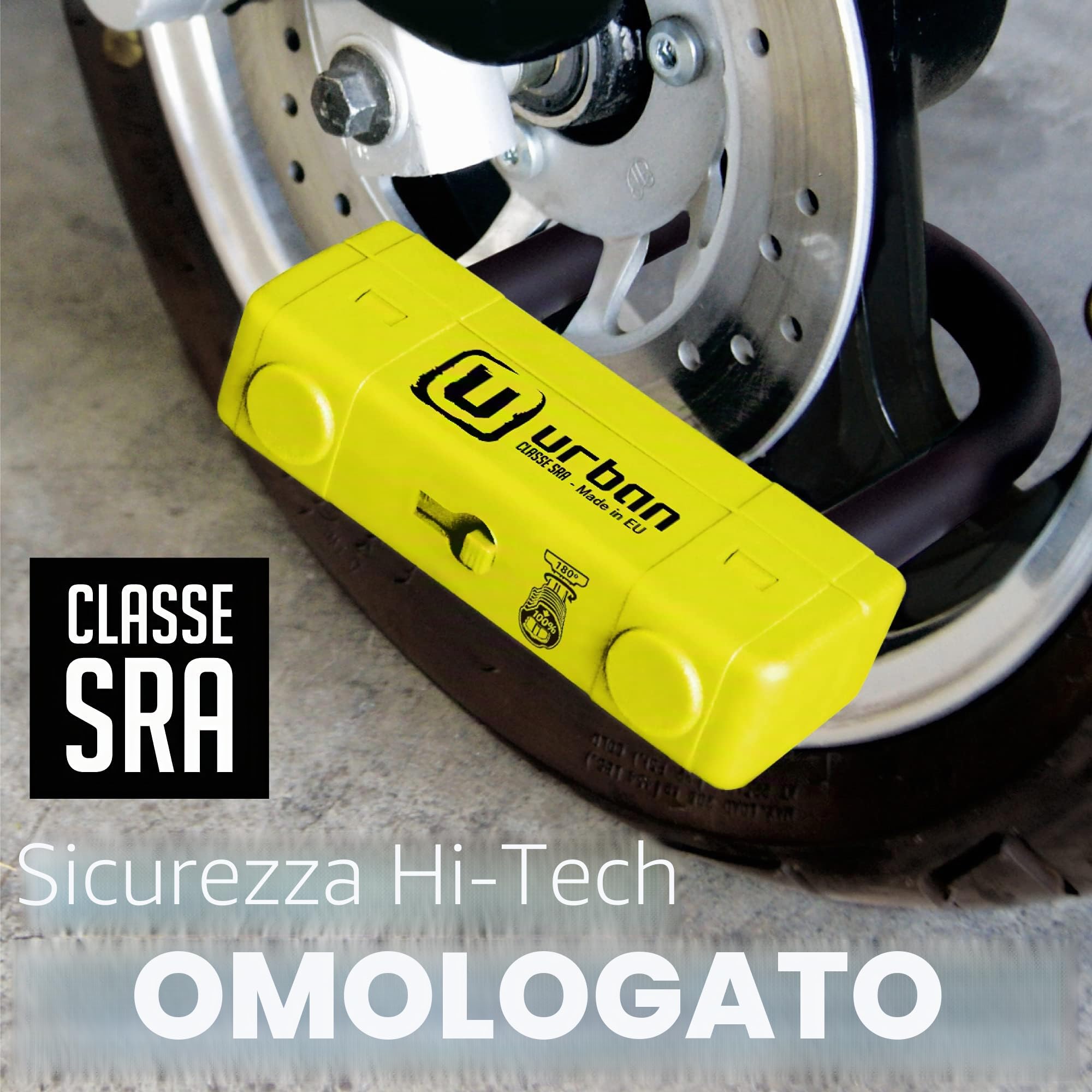 URBAN UR85120Y Lucchetto a U per Alta Sicurezza Omologato SRA, Arco ø18 in Acciaio Cementato, Doppio Blocco Antigraffio, Guscio Visibile e Accattivante, U Lock Antifurto 85x120mm per Moto e Scooter