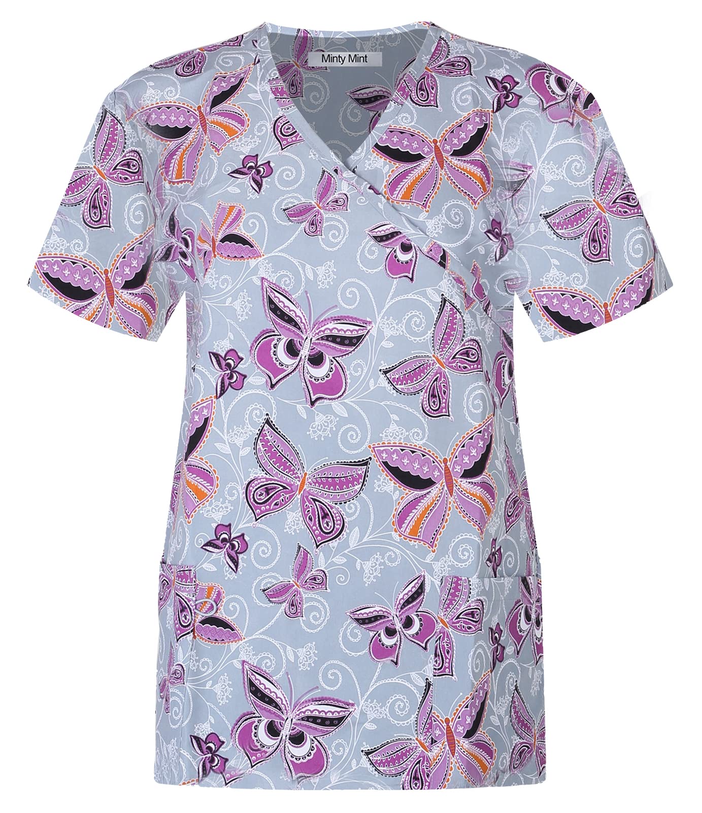 Minty Mint Women's Microfiber Printed Medical Scrub Set V-Neck Top and Pants Light Grey 2XL