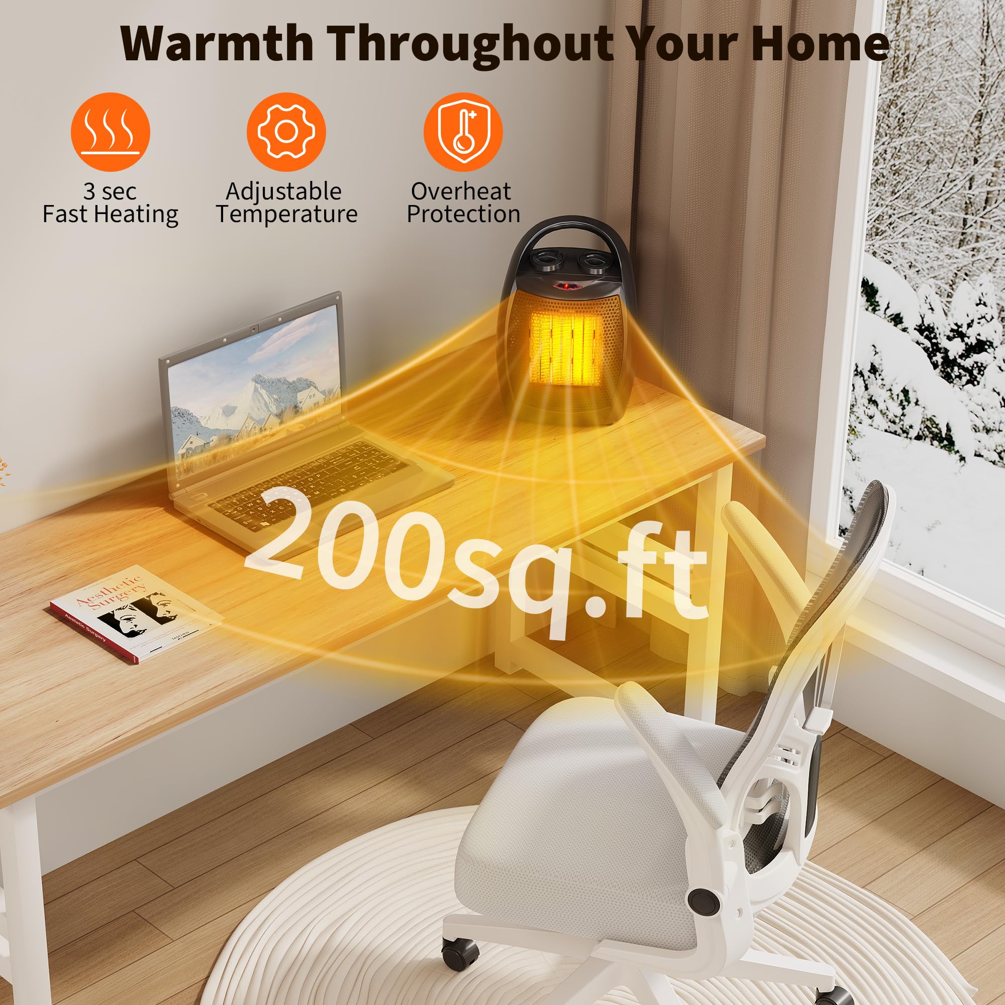 Small Space Heater with Thermostat, 1500w/750w Fast Heating Ceramic Desk Heater & Fan, Safe and Quiet <45 DB for Room Office Desk Indoor Use - 3