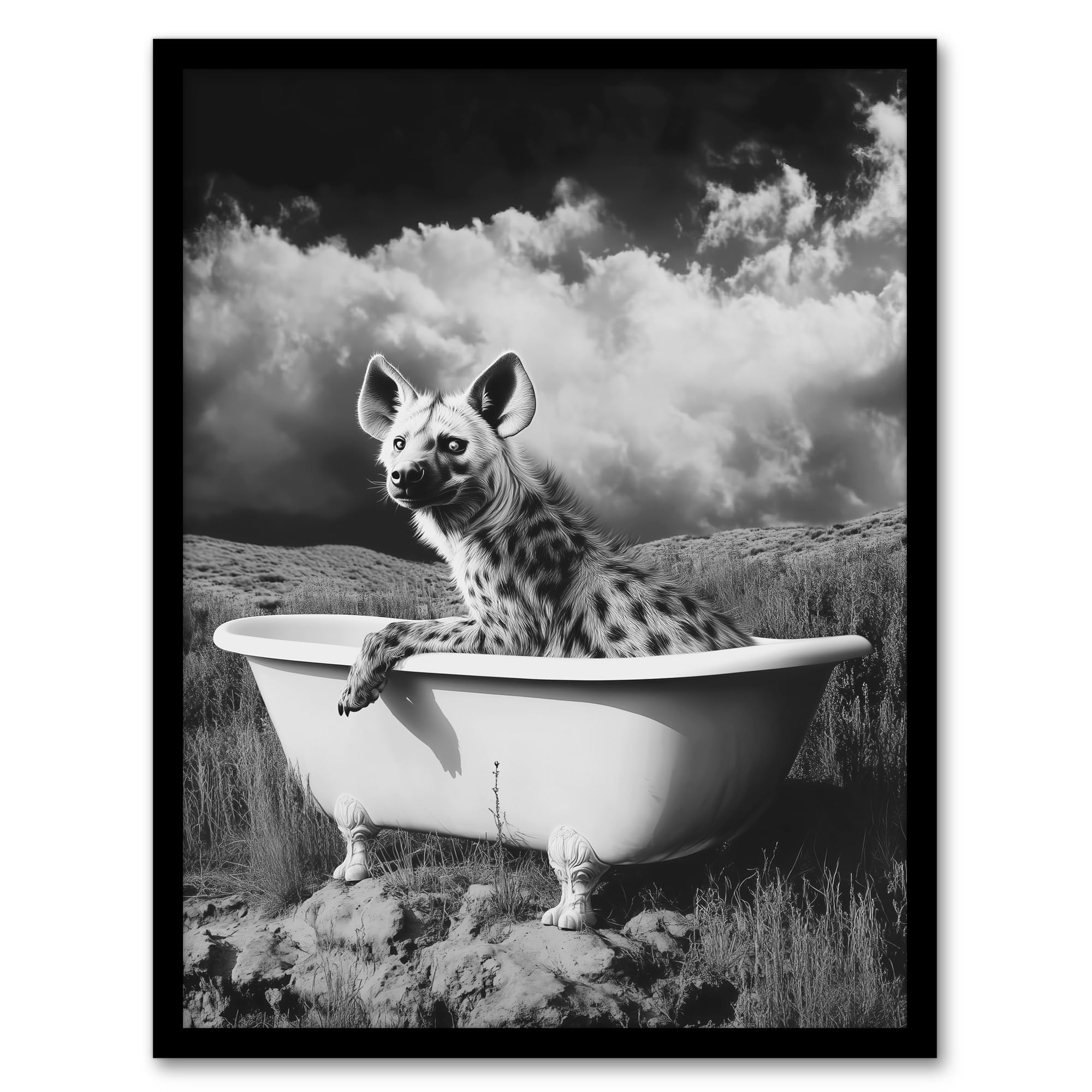 Artery8 Hyena In Desert Bathtub Black White Surreal Bathroom Toilet Artwork Framed Wall Art Print 18X24 Inch