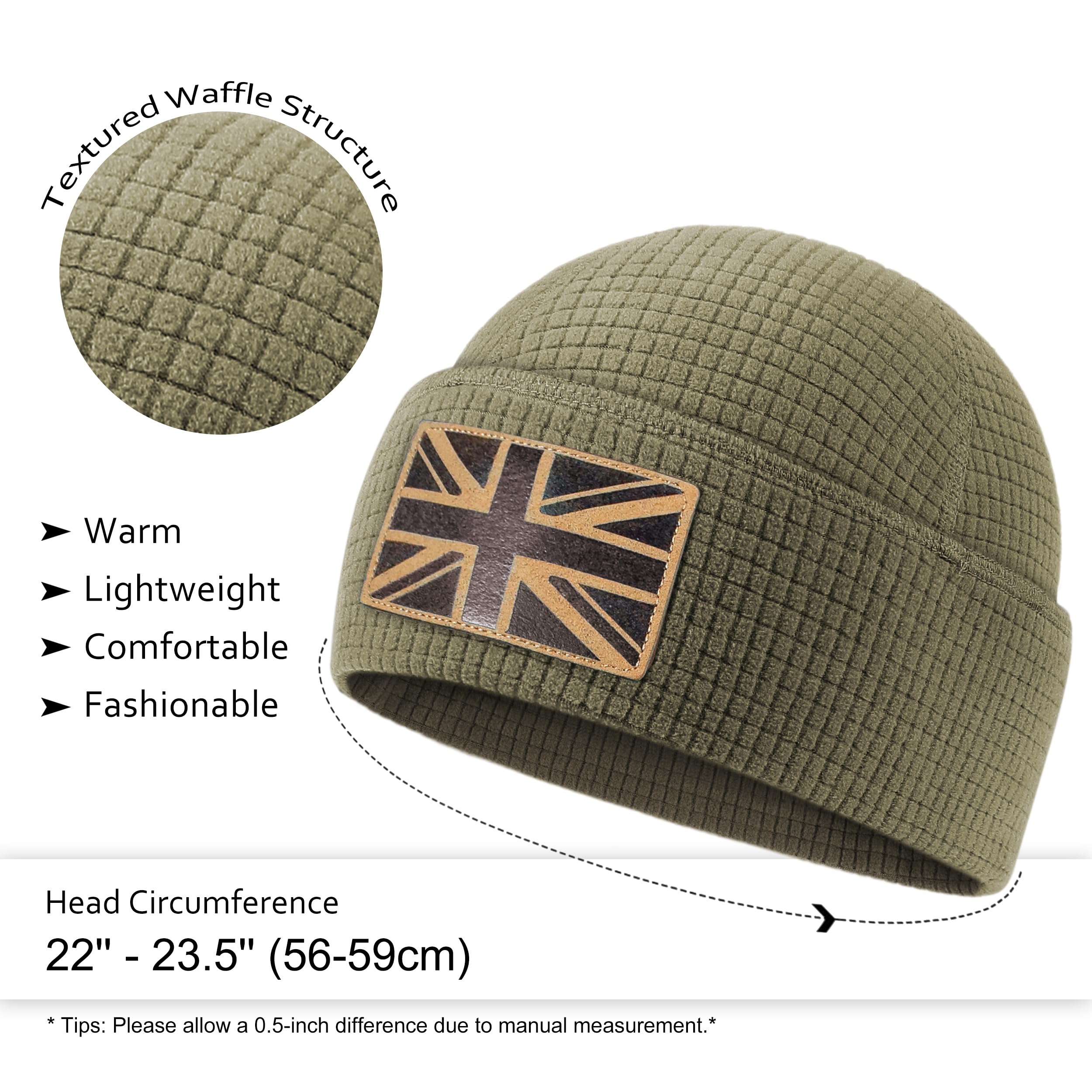 Outdoor Shaping Leather UK Flag Patch, Grid Fleece Cuffed Beanie Waffle Knit, Tactical Army Military Skull Cap Warm, Unisex Navy Hat One Size, Outdoor Hiking Travel Daily Wear