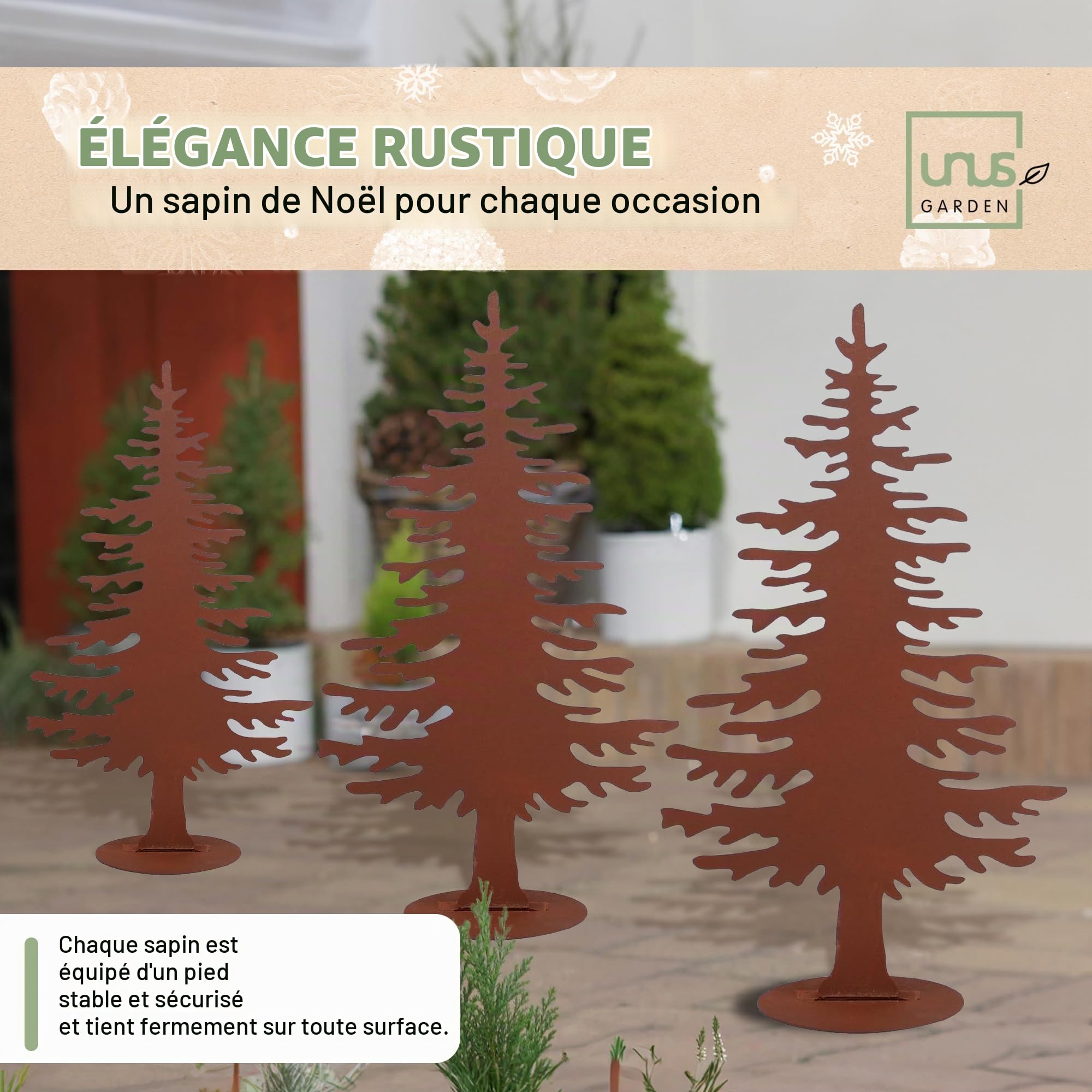 UNUS Décoration de Sapin de Noël en métal rouillé 3 pièces