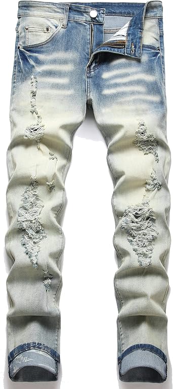 Mens Fashion Washed Perforated Elastic Slim Fit Jeans