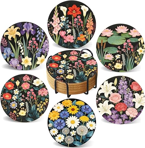 Miniatura 13 de Juego de 6 posavasos para bebidas con soporte, posavasos de abeja de madera de corcho absorbente para tazas, escritorio, mesa de oficina, cocina,