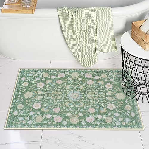 Miniatura 10 de Uphome Alfombra de baño larga con estampado floral beige, suave, antideslizante, lavable a máquina, estilo bohemio, estético, para baño, fregadero,