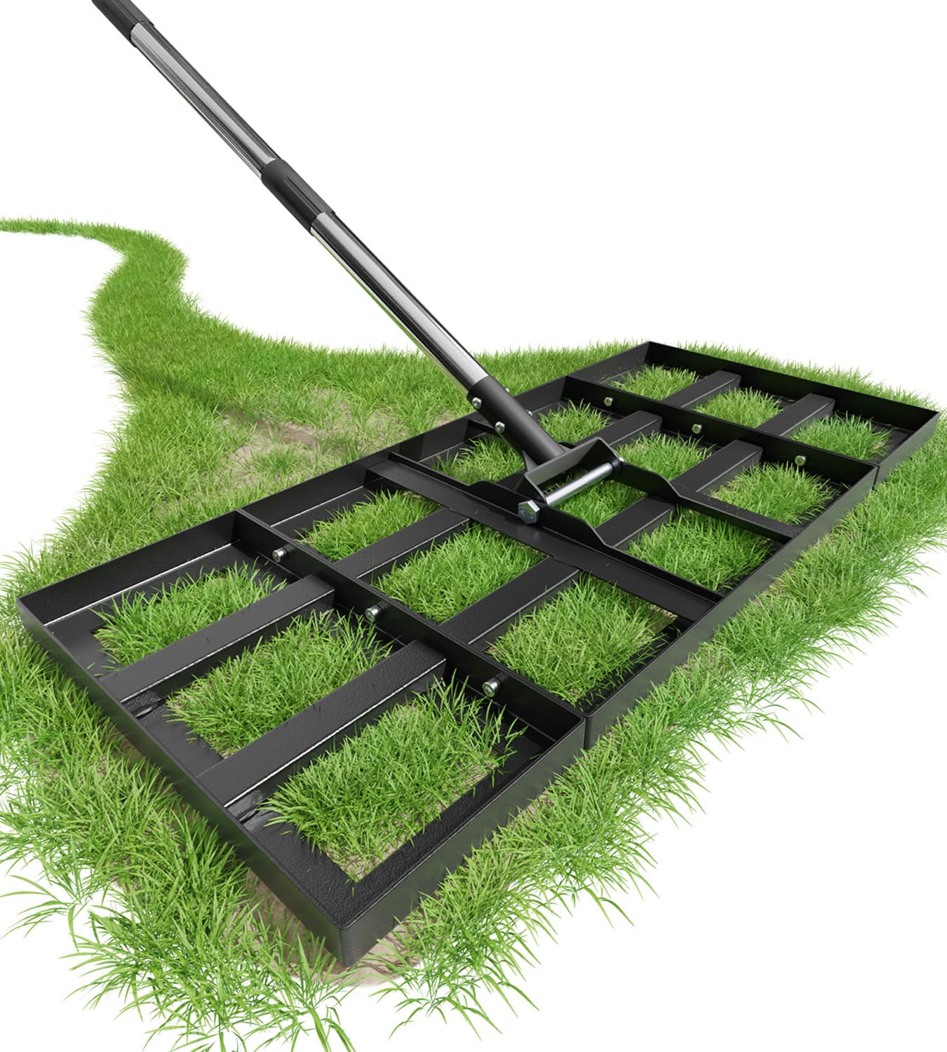 Rasenrakel 75x35cm mit Verstellbarer Länge, Rasen Rakel mit 1,8m Edelstahlstiel, Robuster & Kraftsparender Boden Rasenrechen, Perfekte Düngerverteilung für Garten Hof Golfplatz, zum Einebnen von Erde
