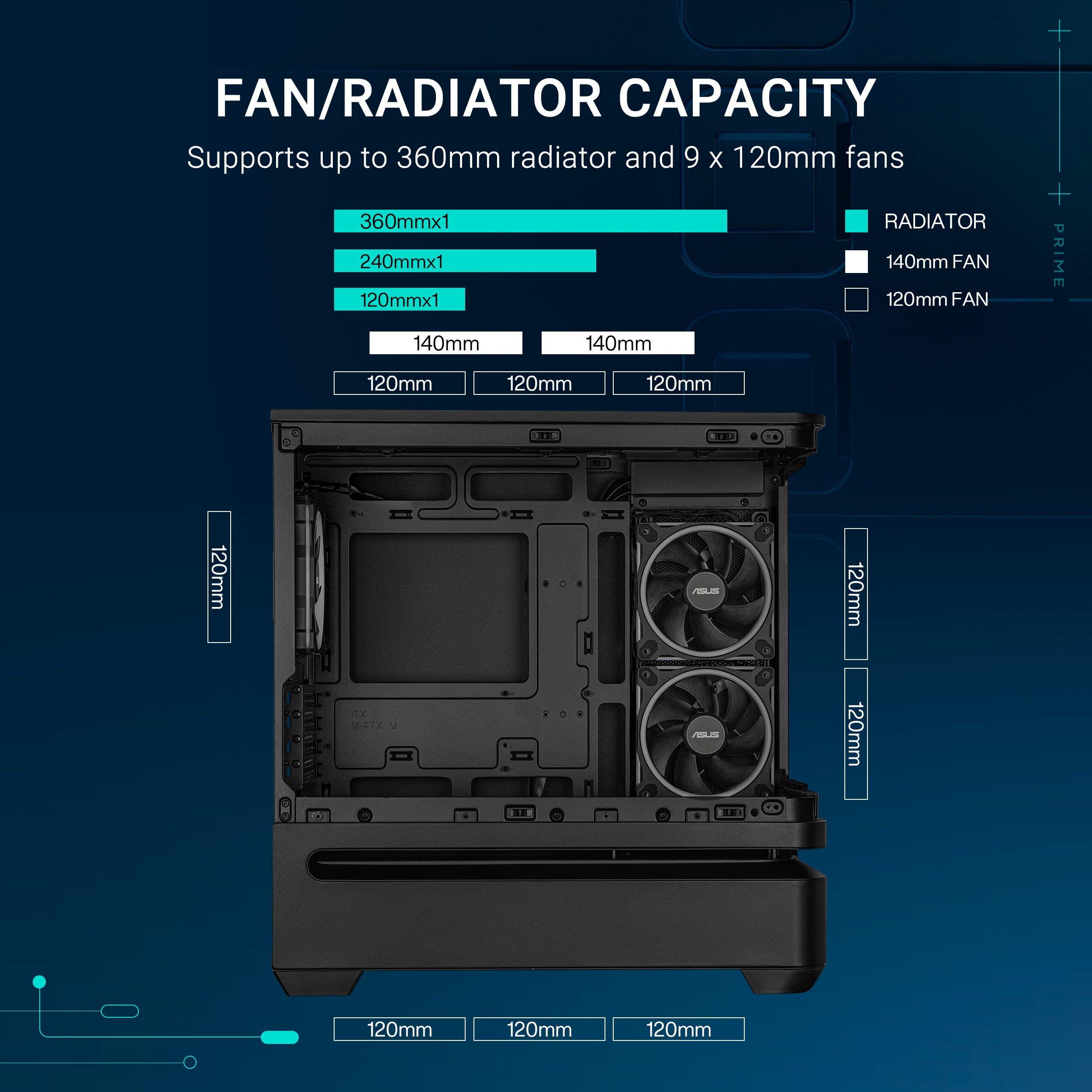 ASUS Prime AP202 ARGB (Noir) – Boîtier PC mATX (Verre incurvé trempé, Prend en Charge Les Cartes Graphiques jusqu'à 420 mm, radiateurs de 360 ​​mm de Long, 3 Ventilateurs ARGB intégrés)
