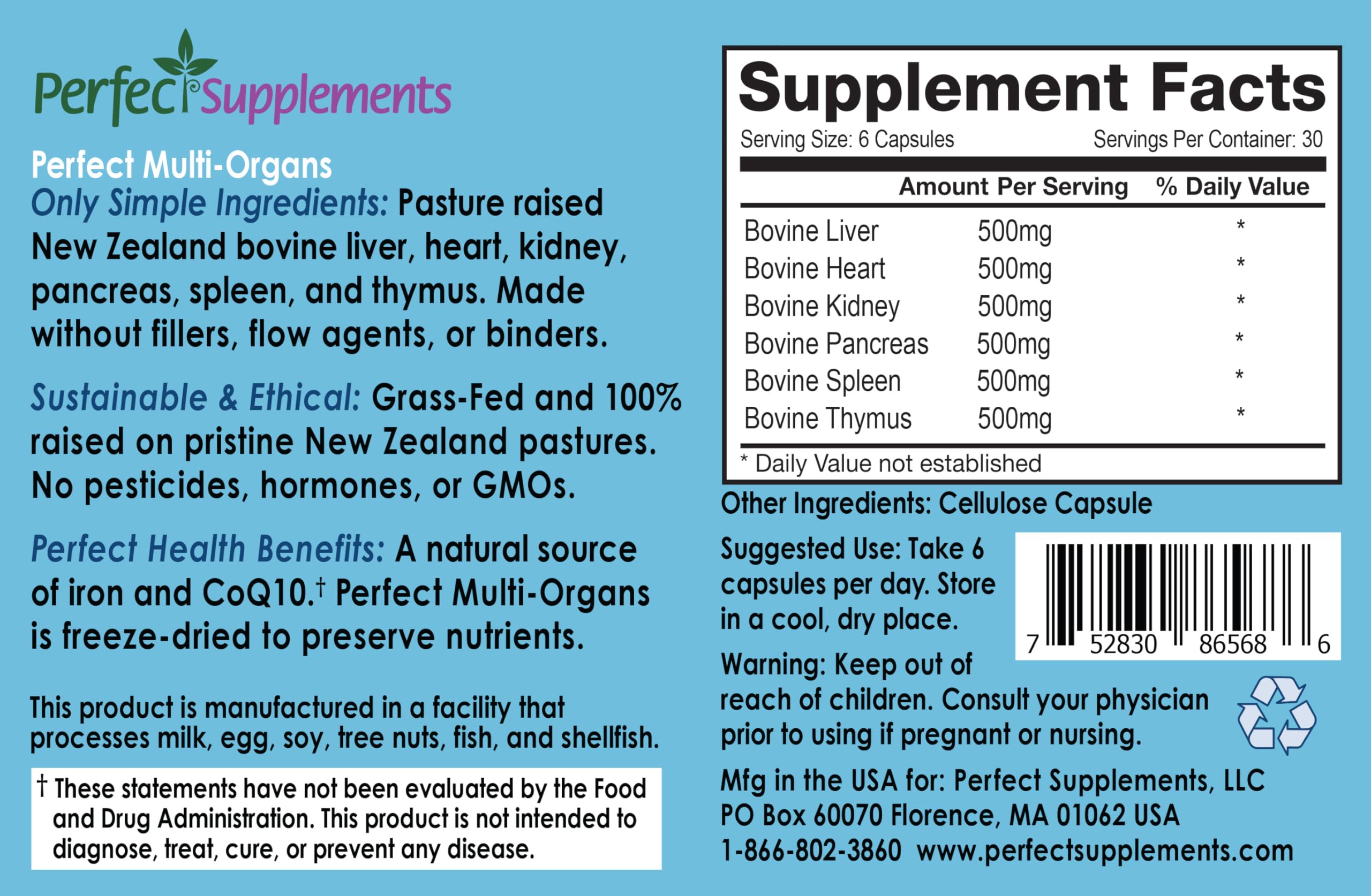 Perfect Supplements - Perfect Multi-Organs – A Blend of 6 Synergistic Glandulars – 100% Freeze Dried & Hormone Free – New Zealand Pasture Raised Whole Food Capsules — Amazon image 2