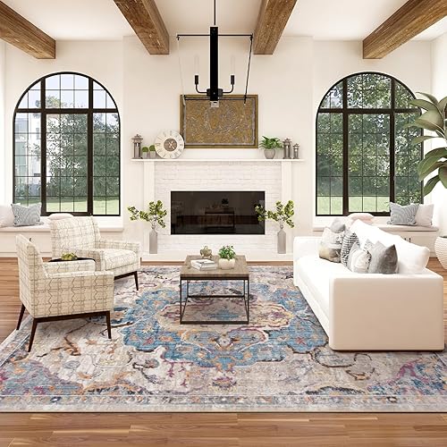 Miniatura 3 de Alfombra vintage de estilo bohemio lavable de 5 x 7 pies, ligera, de pelo bajo, lavable a máquina, resistente a las manchas, alfombra grande,