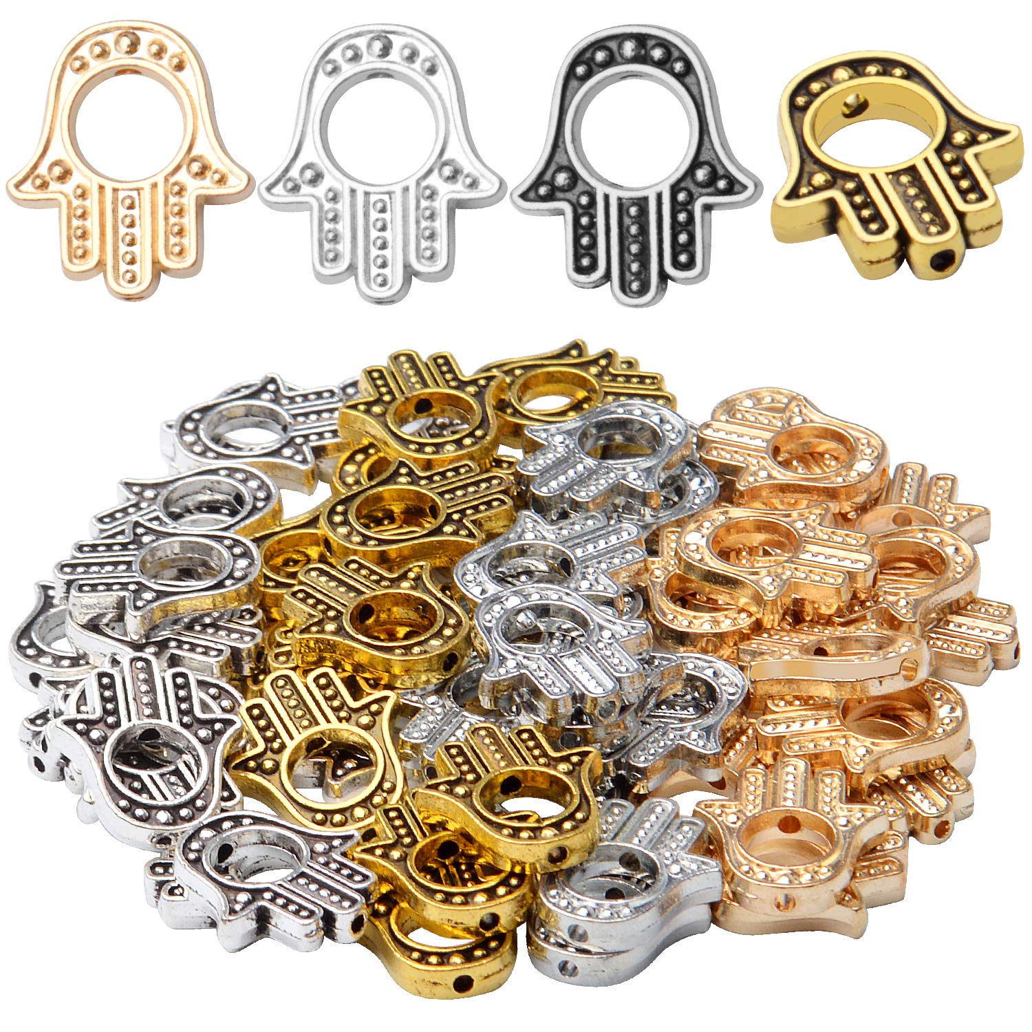 60pcs Hamsa Hand Beads Frame Tibetan Alloy Hand of Miriam Metal Frame Beads Charms for Jewelry Making DIY Necklace Bracelet,4 colors