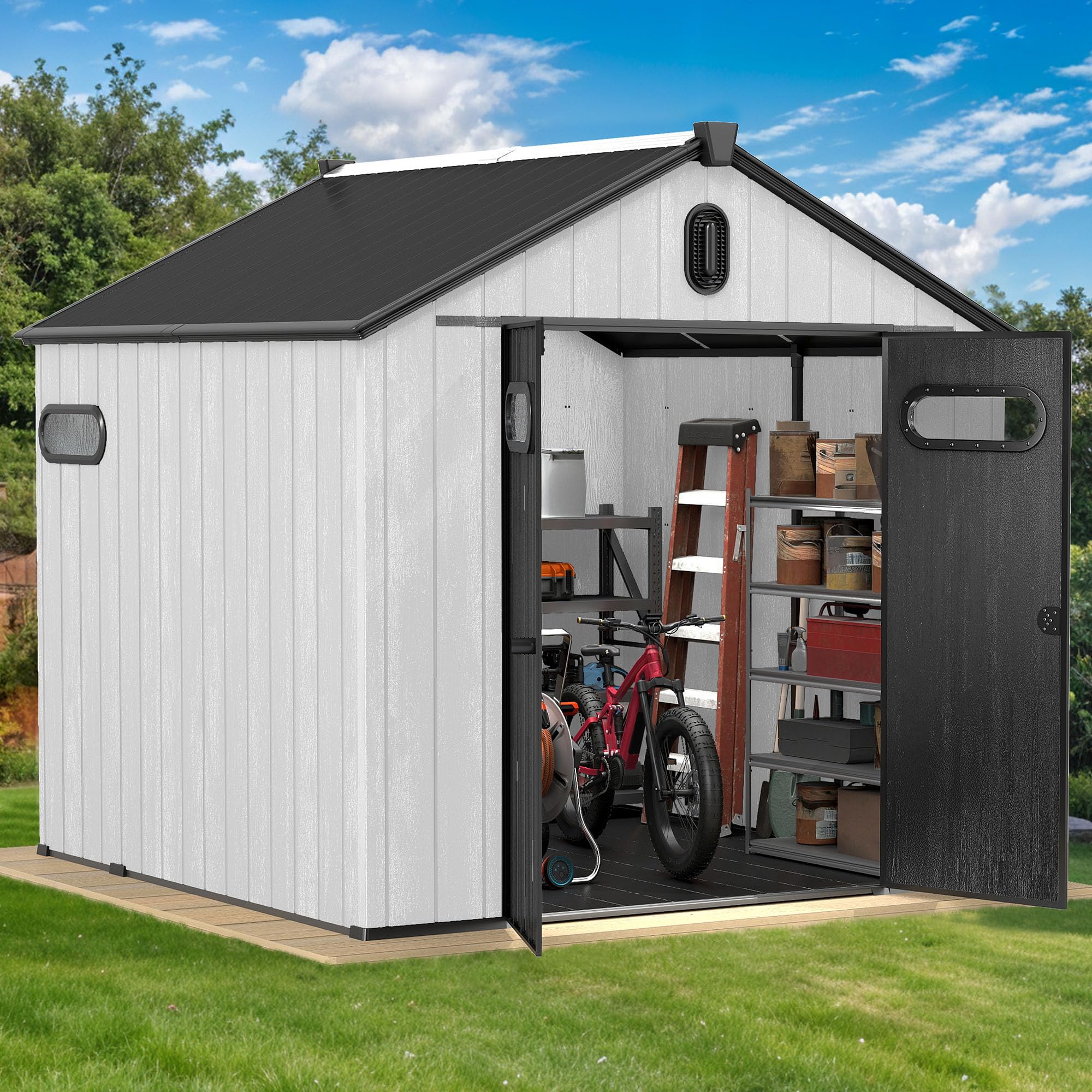 DWVO 8x8 FT Outdoor Storage Shed, Large Extra Thick Plastic Storage Shed with Oval Vision Windows & Lockable Door, 16mm Heavy Duty Outside Garden Shed