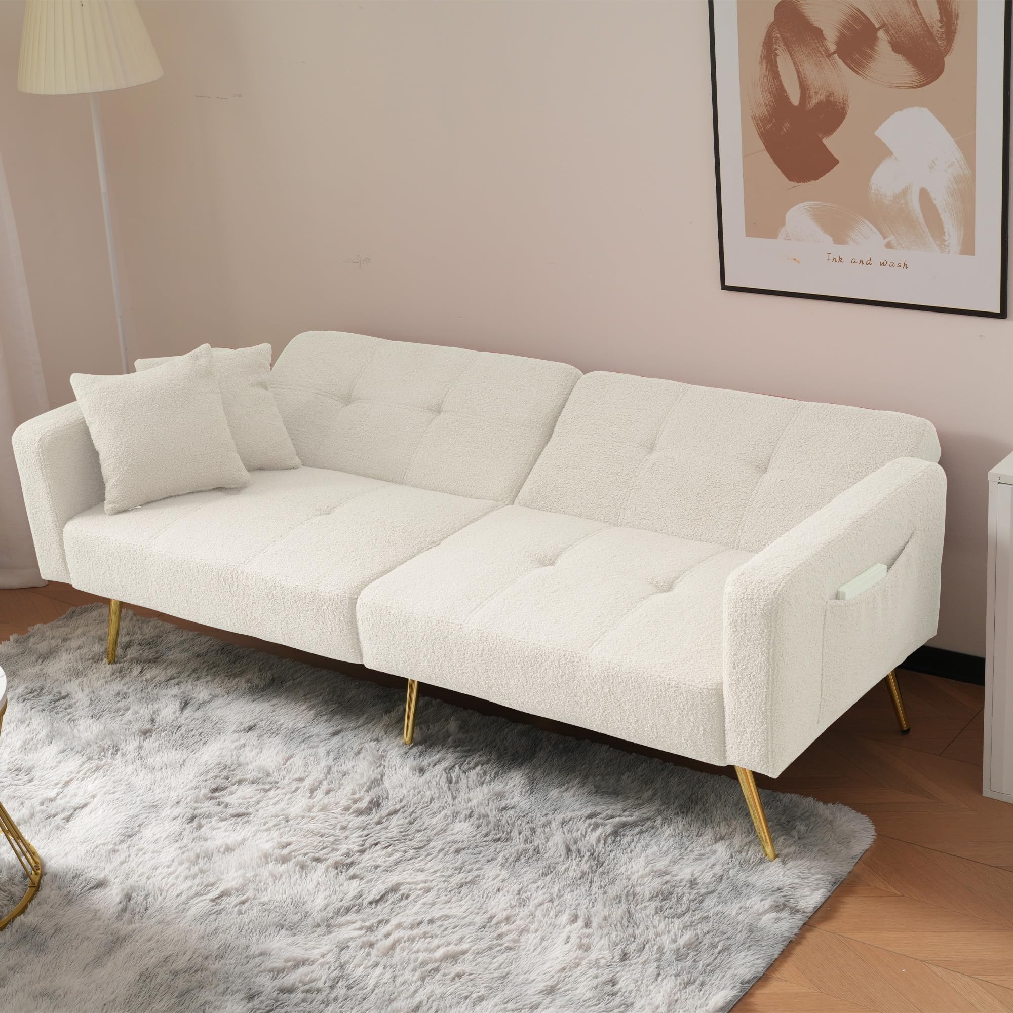 Dolamaní sofa 2w1 z funkcją spania, sofa tapczan z regulacją oparcia, złotymi nogami, z poduszkami (Biały)
