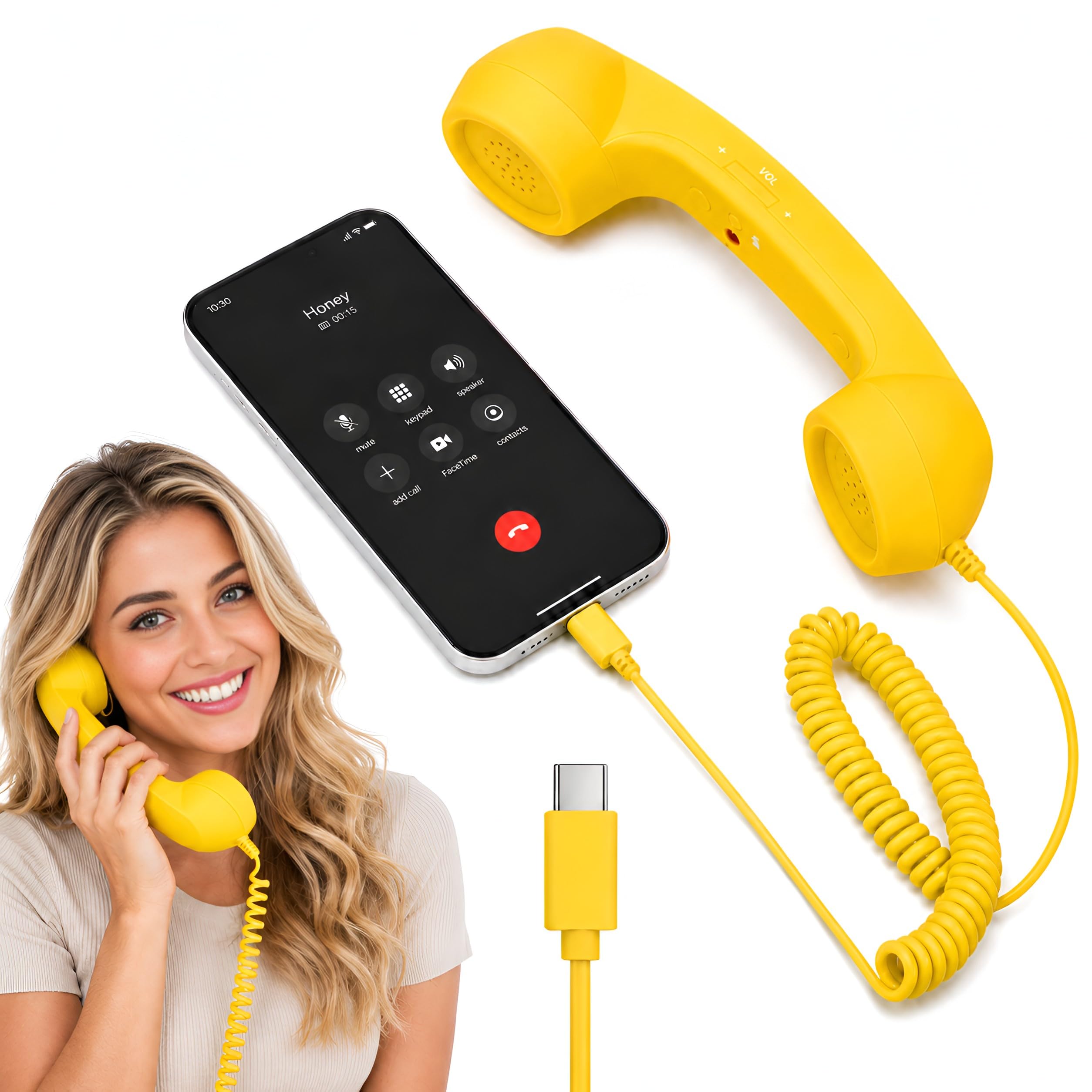 Street27 Retro Phone Handset Compatible with Type-C Smartphones, Tablets & Computers, Corded Telephone Receiver with Noise Reduction, Volume Control & Answer Button for Calls and Meetings (Yellow)-picture-27