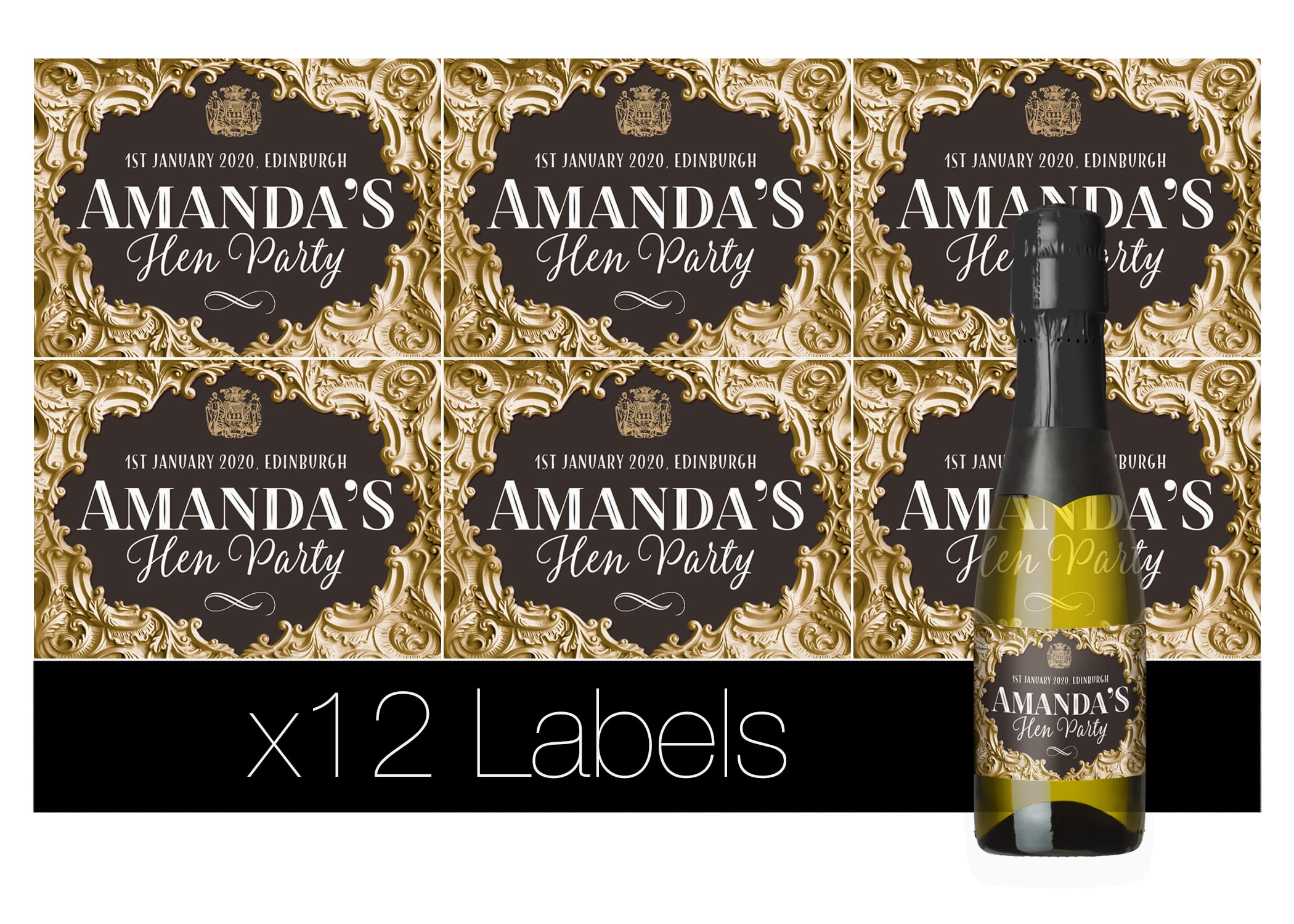 Personalised Label(S) for Mini Champagne or Mini Wine Bottles Gold Baroque Effect – Anniversary, Wedding, Hen Party, Birthday, Congratulations Any Occasion (12)
