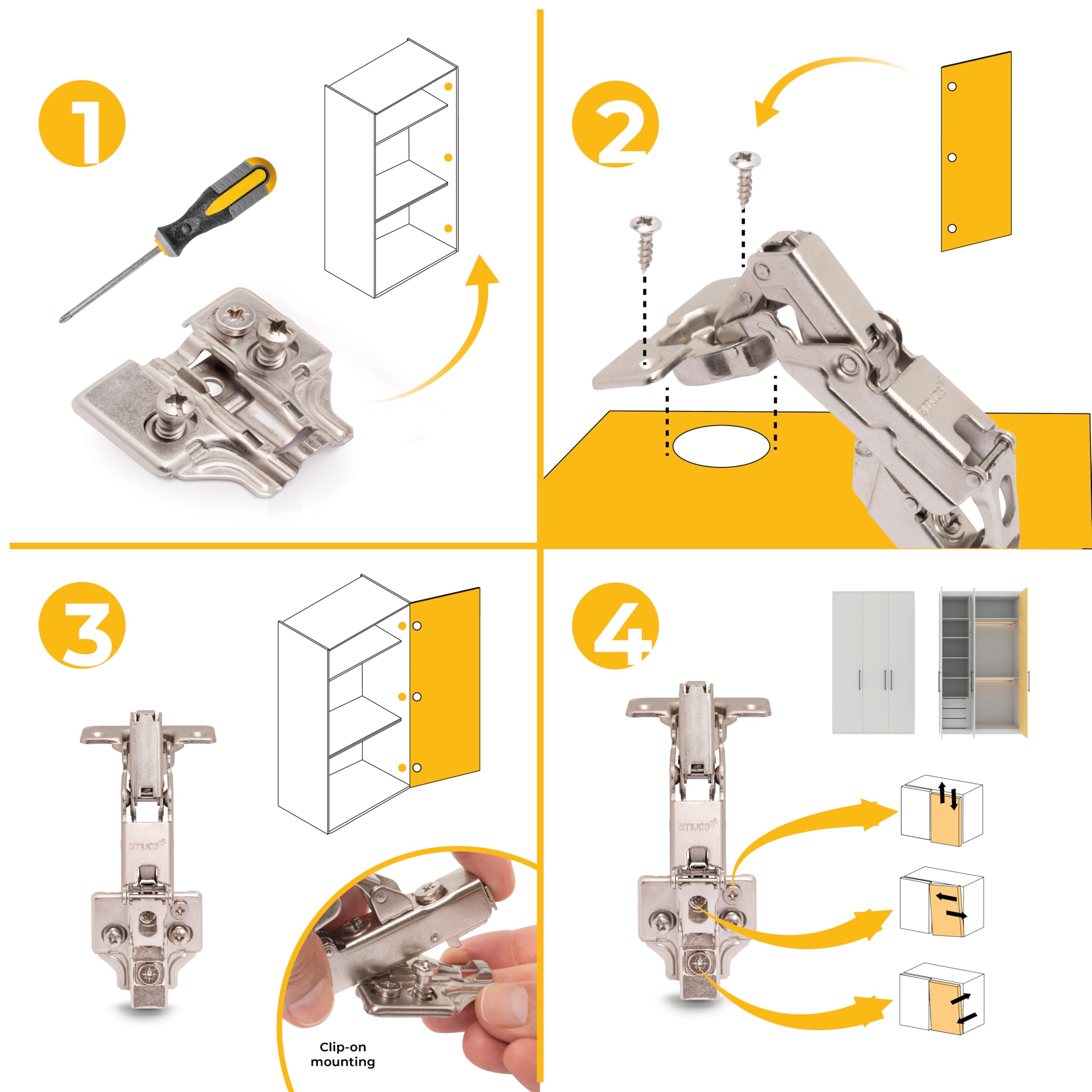 Emuca 1013107 Pack aus 10 Topfscharnieren Ø35mm 165° mit sanftem Verschluss für sich halb überlappende Türen und Euro-Zusätze zum Festschrauben mit Verbindergehäuse