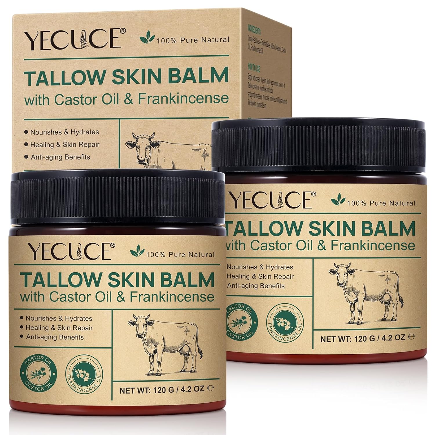 Tallow Skin Balm with Castor Oil & Frankincense, Moisturizing Balm for Face & Body, Helps Support Skin Moisture Barrier, 4.2 oz