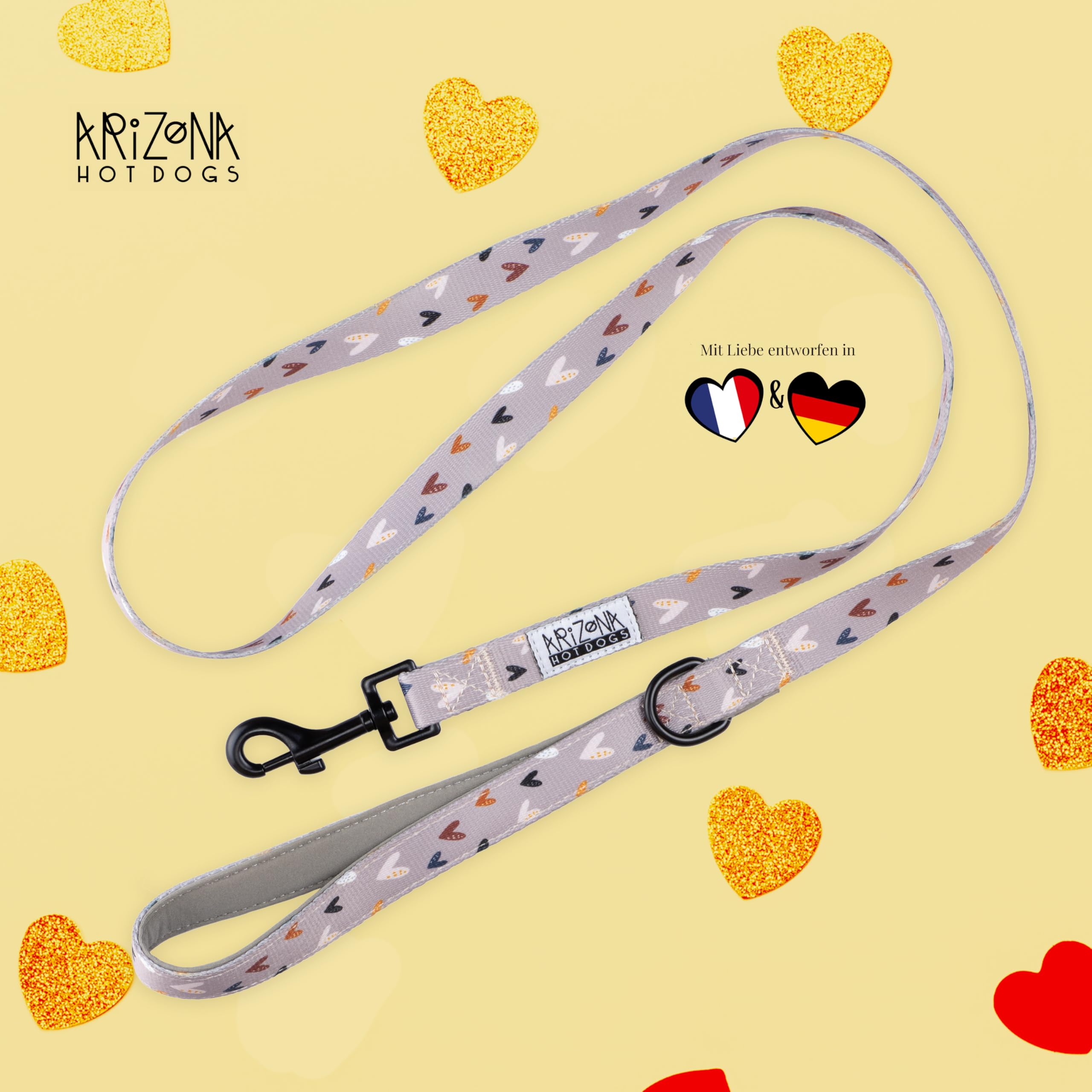 Hundegeschirr mit Leine für kleine Hunde | Arizona Hotdogs Softgeschirr Sweet Love | Leine Nylon 1,5m | Herzmuster | (XXS)