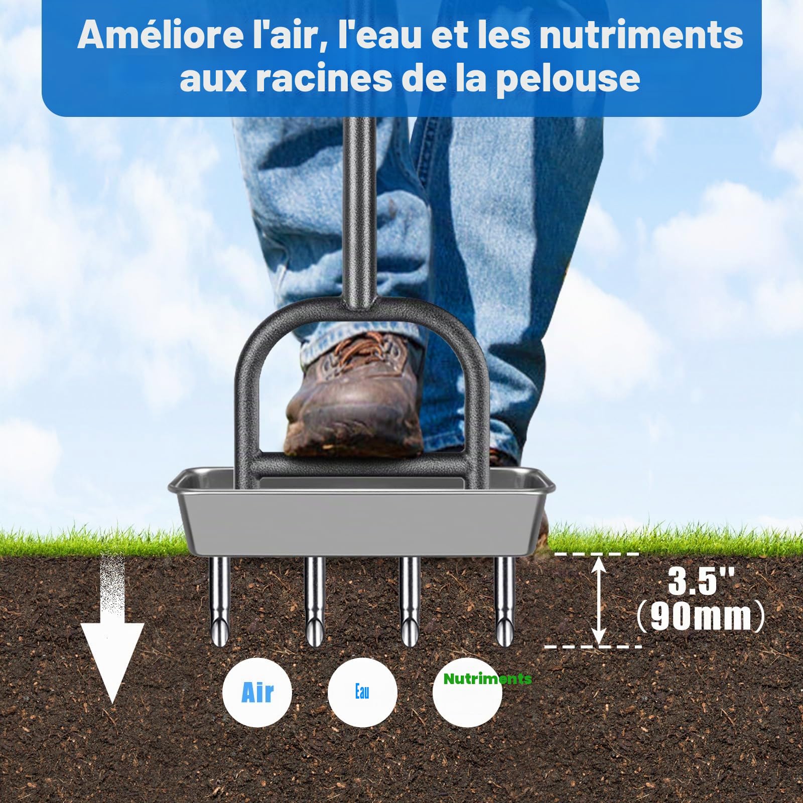 Aérateur de carottage de pelouse, aérateur Manuel à 4 cœurs en Acier Inoxydable pour aération de Cour et de pelouse, Outil d'aération Durable avec poignée en Caoutchouc Souple pour