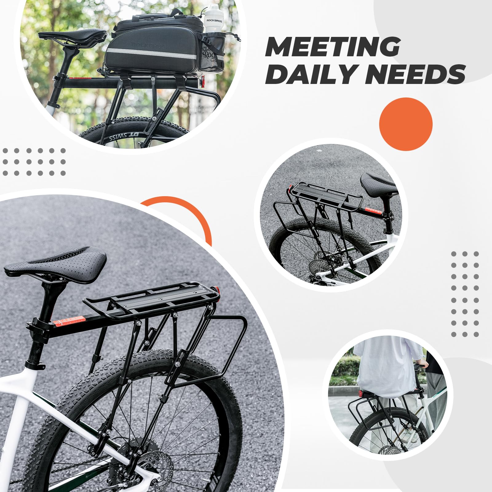 ROCKBROS Porte Bagage Vélo Arrière Support Tige de Selle Fourche Arrière Imperméable pour 26-29 Pouces avec Réflecteur Alliage Aluminium Robuste Max. 75kg Longueur 4 Jambes Réglable Démontage Rapide