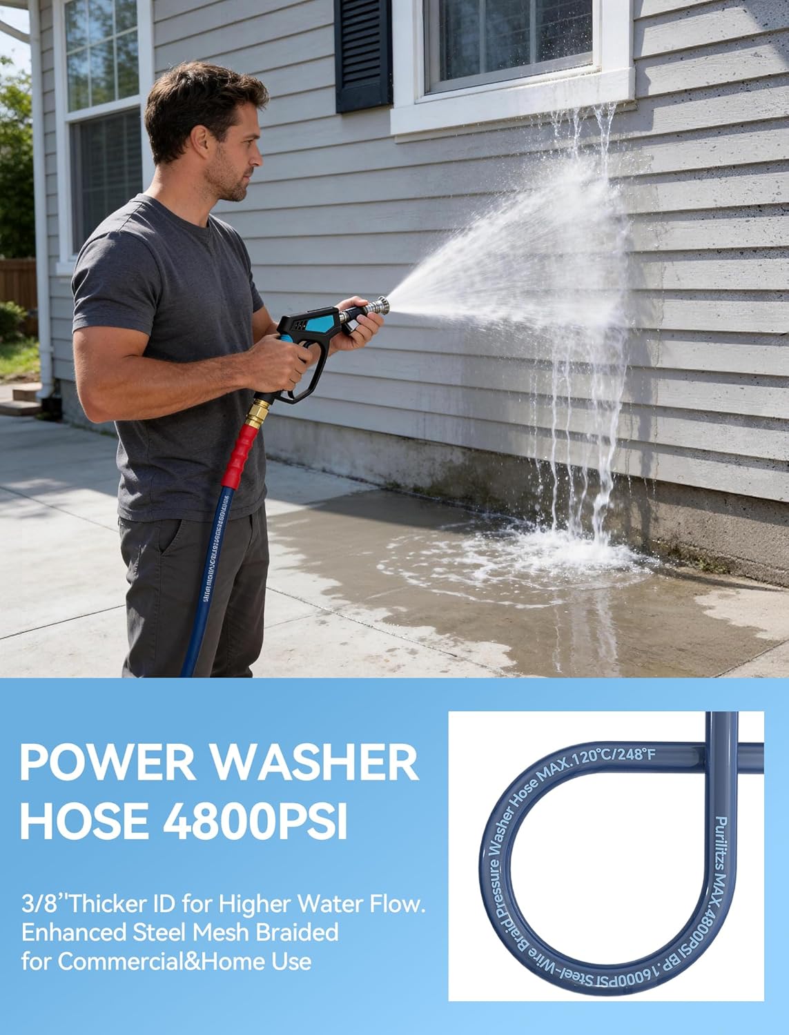 3/8'' Pressure Washer Hose Non Marking 4800PSI, 25FT Upgraded 4-Layer Structure Power Washing Hose Steel Wire Braided, No Kink Commercial Cleaning