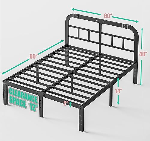 Miniatura 2 de ZIYOO Queen Size Bed Frame with Headboard, 14 Inches High, 1500LBS Heavy Duty Steel Slats Support for Mattress, No Box Spring Needed, Easy Assembly,