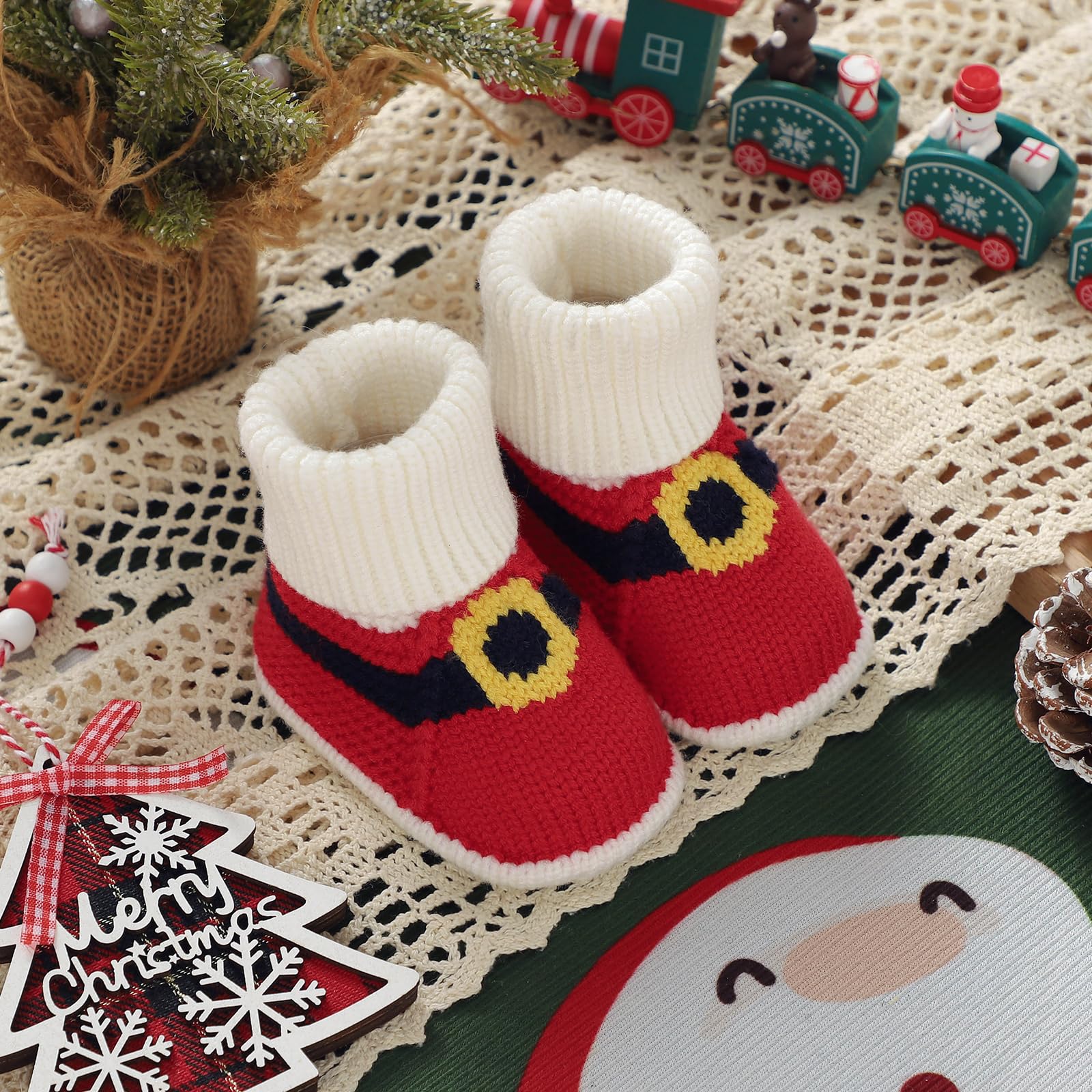 Hadetoto Baby Christmas Booties Newborn Girl Boy Cozy Sock Shoes Infant Toddler Warm Knit Booties (Red, Infant, 0 Months, Age Range, US Footwear Size System, 3 Months, Medium)