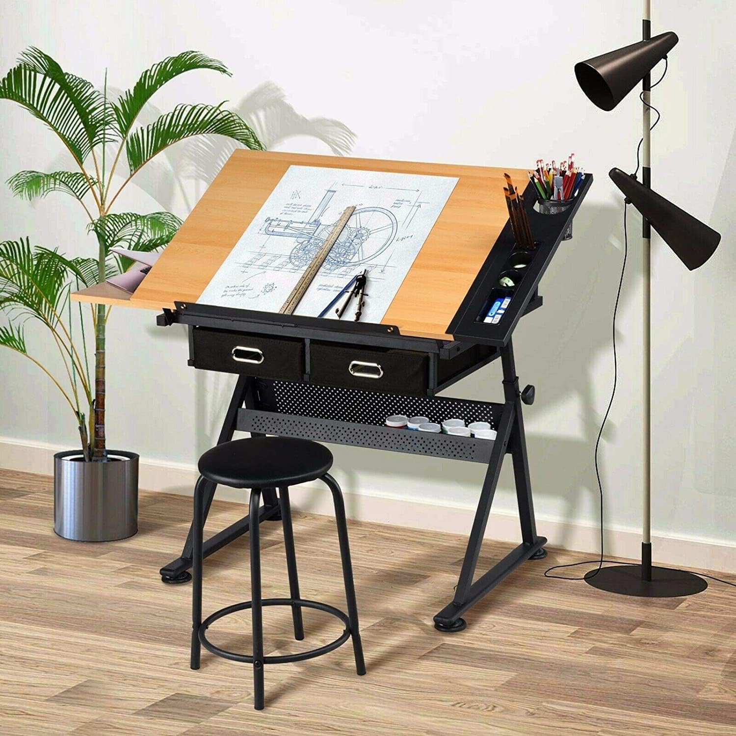 Adjustable Drawing Table with Tiltable Tabletop - Drafting Table Artist Desk Work Station, Study, Drafting, Computer Desk with Stool