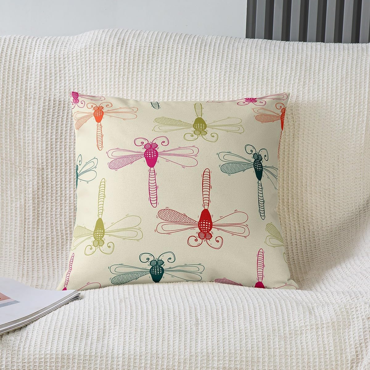 Set of 2 Kawaii Dragonfly Pillow Covers 22x22 Inch, Colorful Dragonflies Throw Pillow Covers for Sofa Bed Couch, Hand Drawn Wild Animals Decorative Pillow Covers, Cartoon Flying Animals Cushion Cases