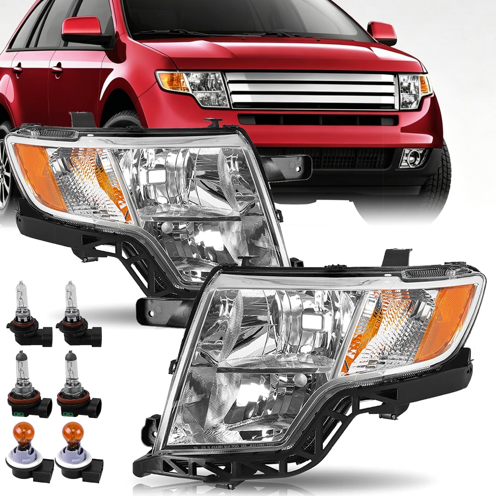 Headlights Assembly Replacement for 2007 2008 2009 2010 Ford Edge Halogen Head Light Headlamp w/Bulbs Driver and Passenger Side, Chrome Housing Amber Corner Clear Lens OE # FO2502228, FO2503228