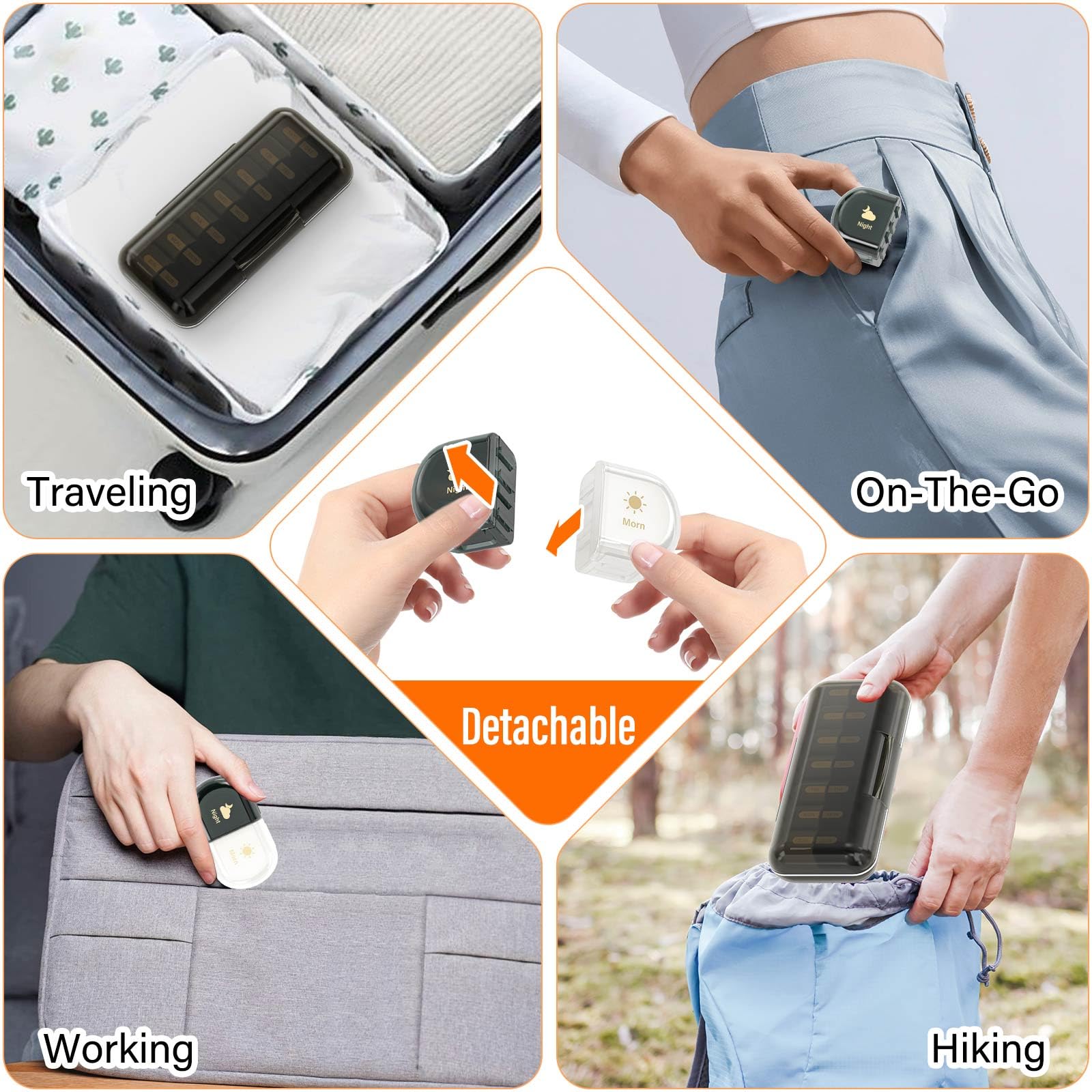 Tablettenbox 7 Tage Morgens & Abends – 2 Fächer pro Tag, Abnehmbar – AM/PM Pillendose für präzise Medikamentenorganisation (2x7 Schwarz+Weiß)