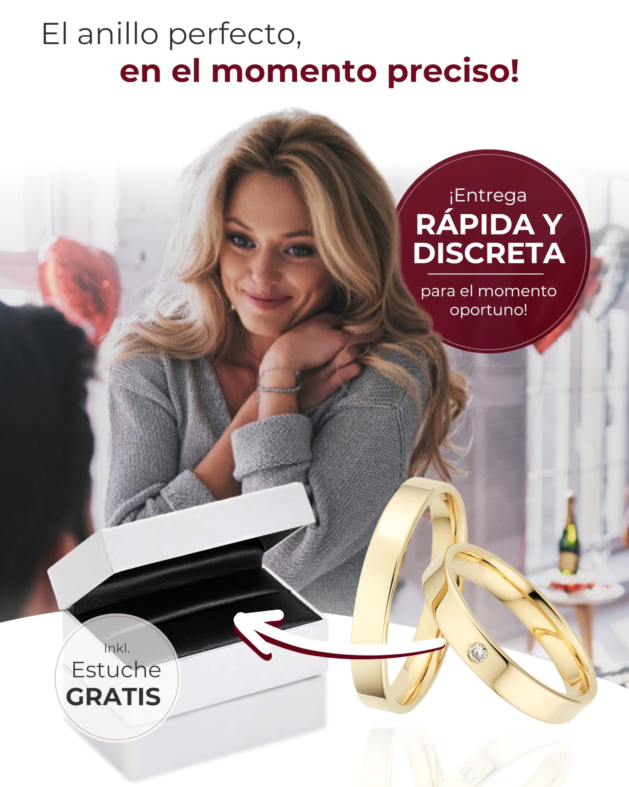 123traumringe Alianzas de oro amarillo de 8 quilates (333) | Anillos de pareja con diamante y estuche | Alianzas grabables de 3 mm de ancho y 1,3 mm de grosor | Tallas 50-72 mm | P18