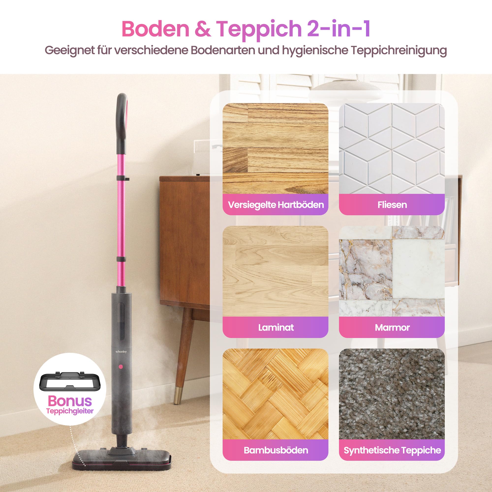 Schenley Leichter Dampfmopp für Hartböden & Teppiche | Dampfstufen, 10 Sek. Aufheizen, 120 °C Dampf, Bis zu 37 Min., 6 m Kabel, Kabelaufwicklung, Freistehend, Chemiefrei