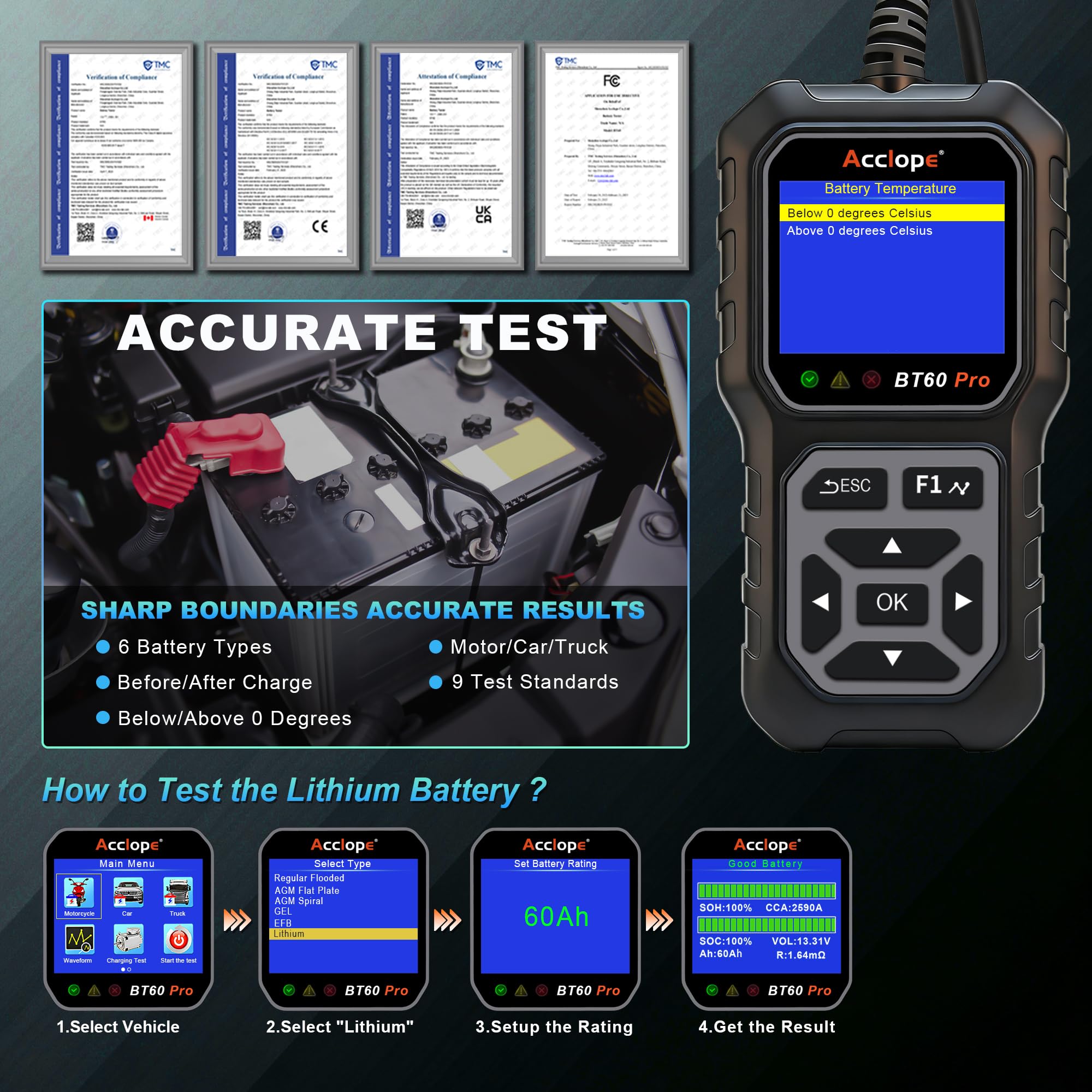 BT60 Pro, Comprobador Digital de Baterías, Analizador de Sistema de Carga y Arranque, 6V/12V/24V, Compatible con AGM, Litio, Gel, 100-3000 CCA, para Vehículos, Camiones, Motocicletas