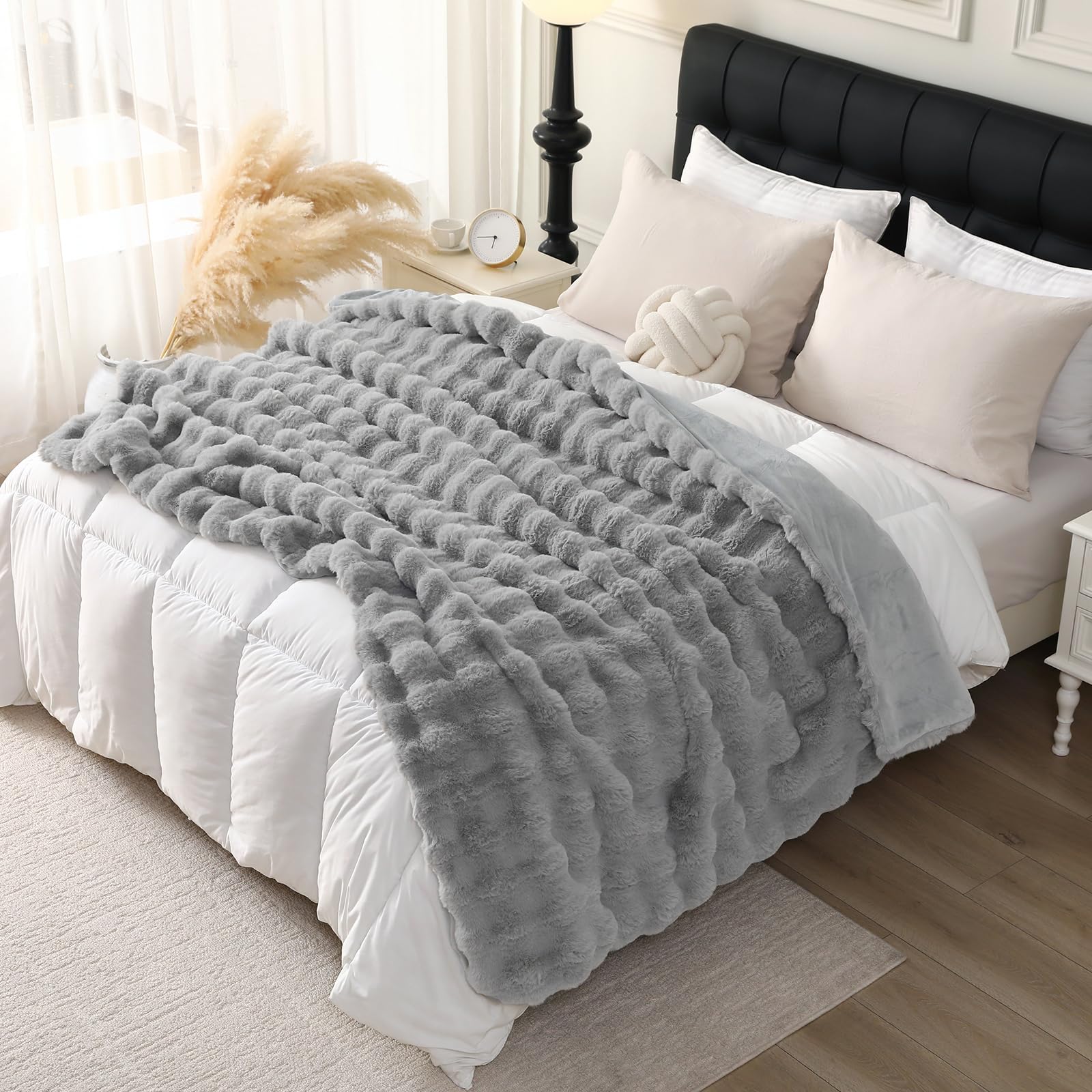DREAMLANDING Faux Rabbit Fur Luxury Plush Sherpa Throw Blanket Reversible Fuzzy Warm Cozy Fluffy Fur Blanket for Bed Sofa Couch Home Decor (Light Grey - Image 2