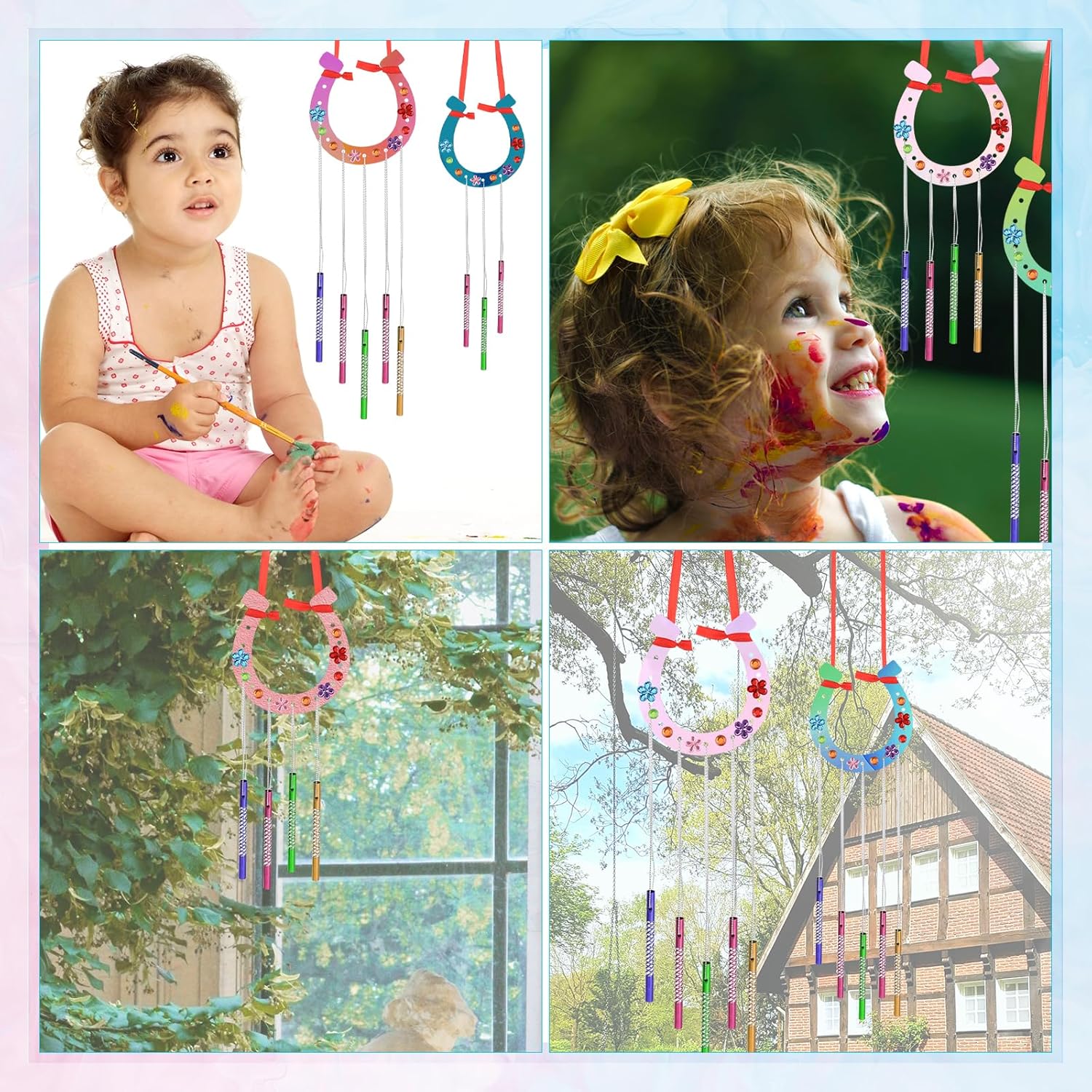 Luter 16 Pack DIY Wind Chimes for Kids, Horseshoe Wooden Wind Chime Craft Make A Wind Chime Kit Kids Spring Craft Kits for Boys Girls Activity Birthday Supplies