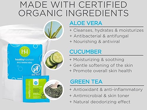 Miniatura 6 de healthy hoohoo Paquete de toallitas femeninas suaves y envueltas individualmente, ingredientes orgánicos, pH equilibrado, sin fragancia, sin