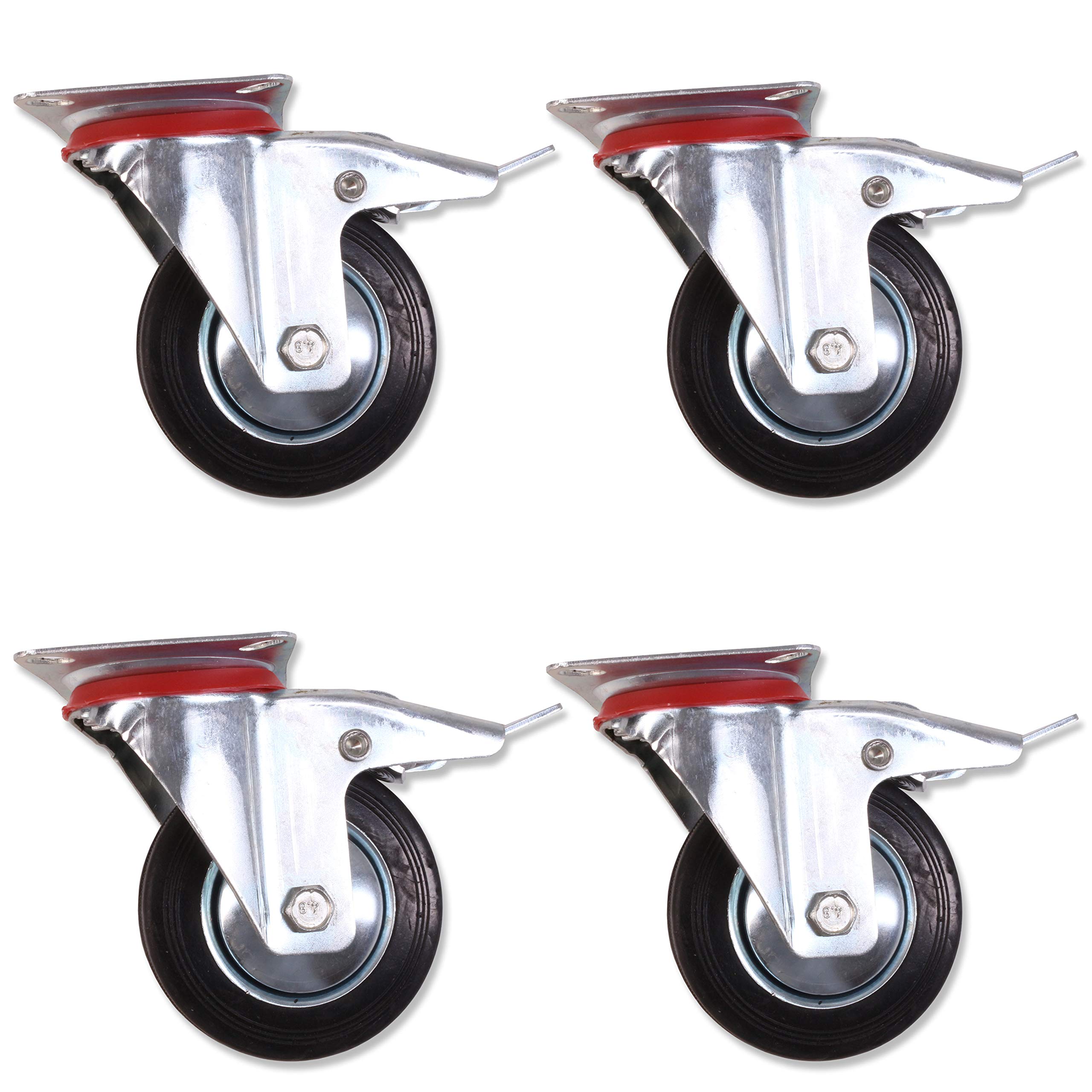 4X Black Rubber Braked Swivel Castor Wheels - 100mm/4" Furniture Castors