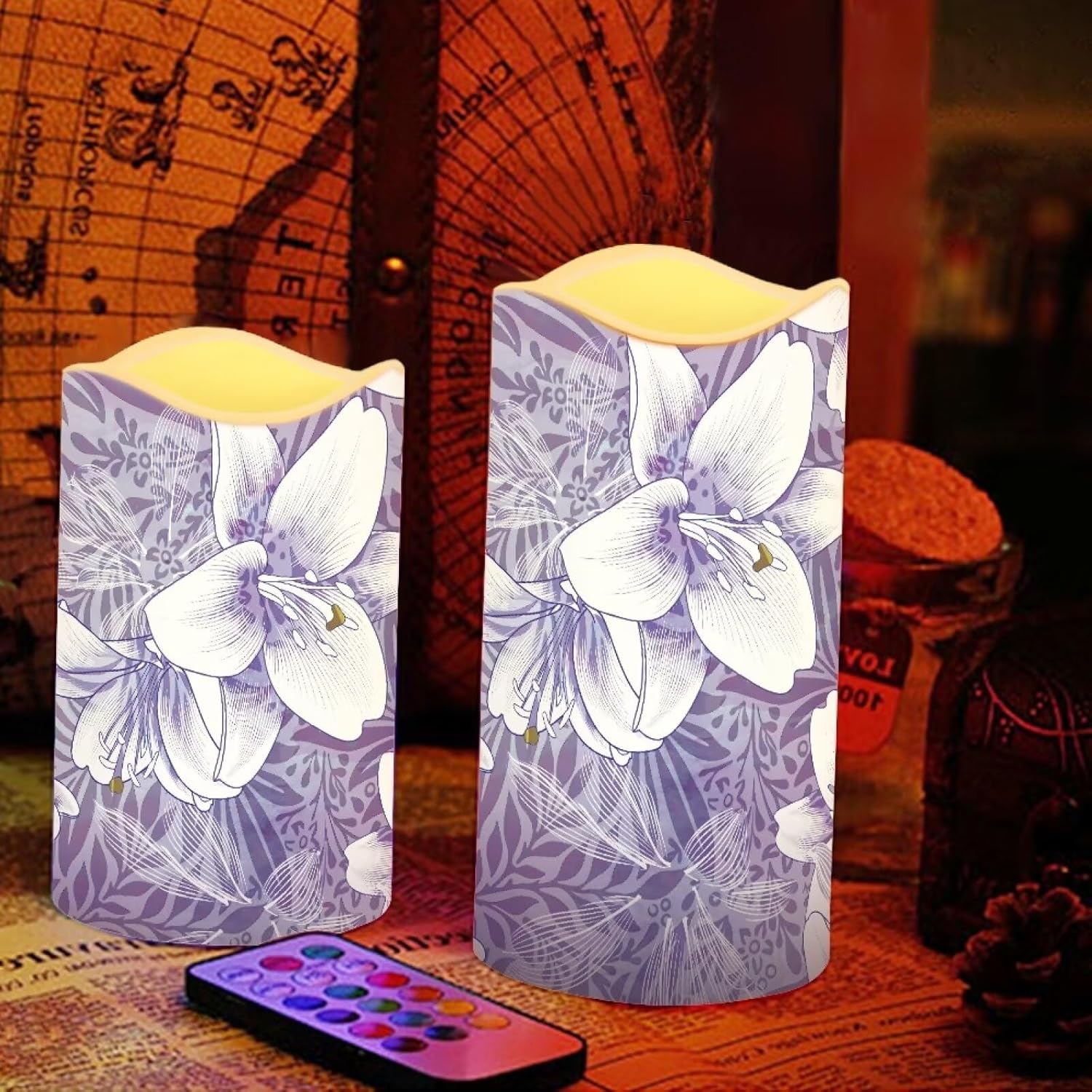 Ystardream Purple Flower Flameless LED Battery Candles Pack of 4 Waterproof Pillar Candles Tealights with 18-Key Timer Remote Colorful Lights for Outdoor Home Decorations