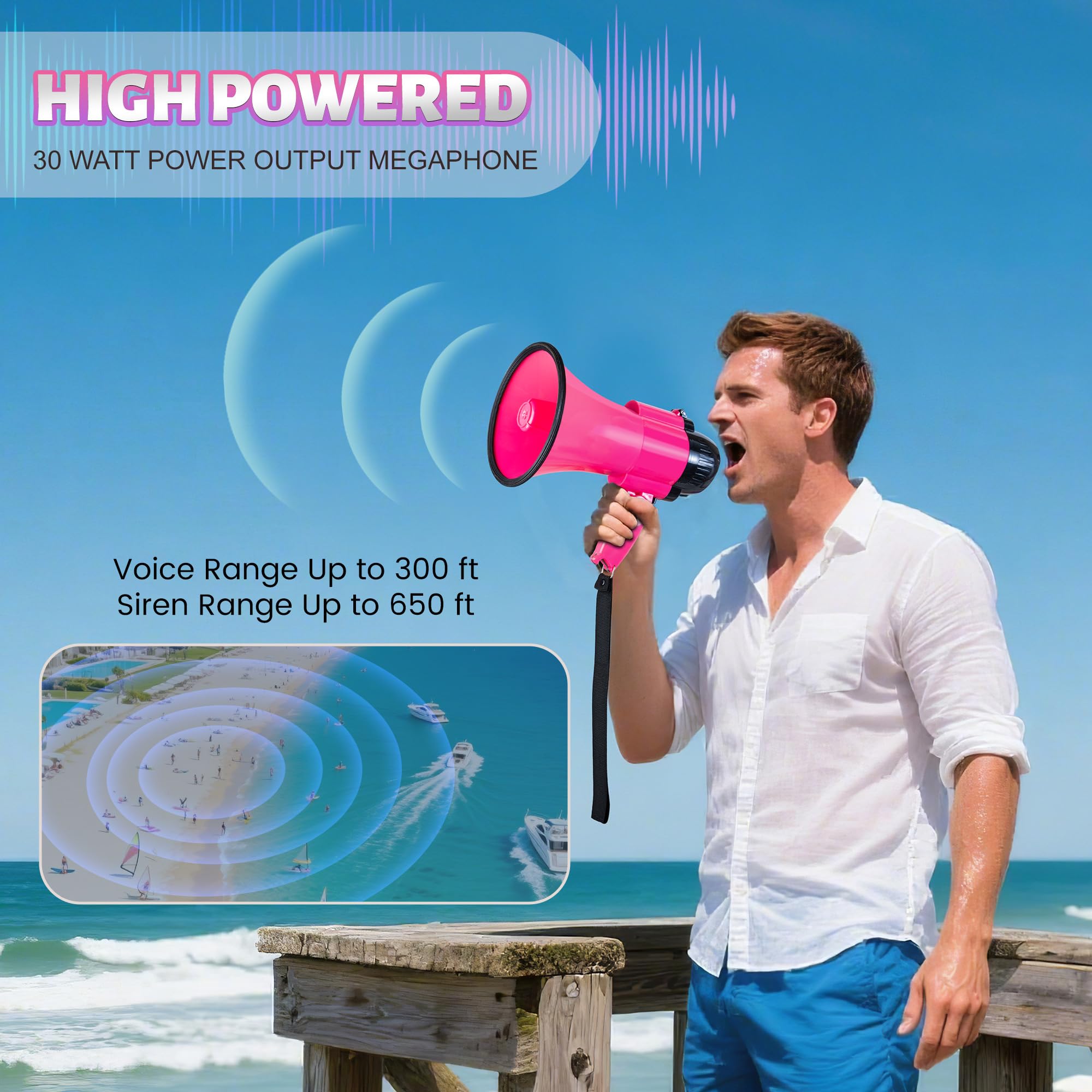 Mégaphone portable 30 W avec contrôle du volume et sangle (rose foncé)