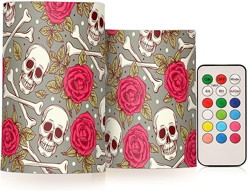 MCHIVER Juego de 2 velas sin llama con temporizador remoto, funciona con pilas, velas eléctricas con diseño de calavera para bodas, Halloween,