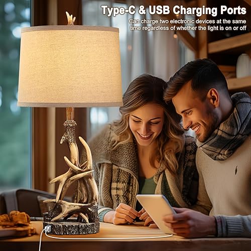 Miniatura 3 de Lámpara de mesa rústica de 27.25 pulgadas de alto, lámparas de cornamenta de ciervo para sala de estar, mesa auxiliar con puerto USB, lámparas de
